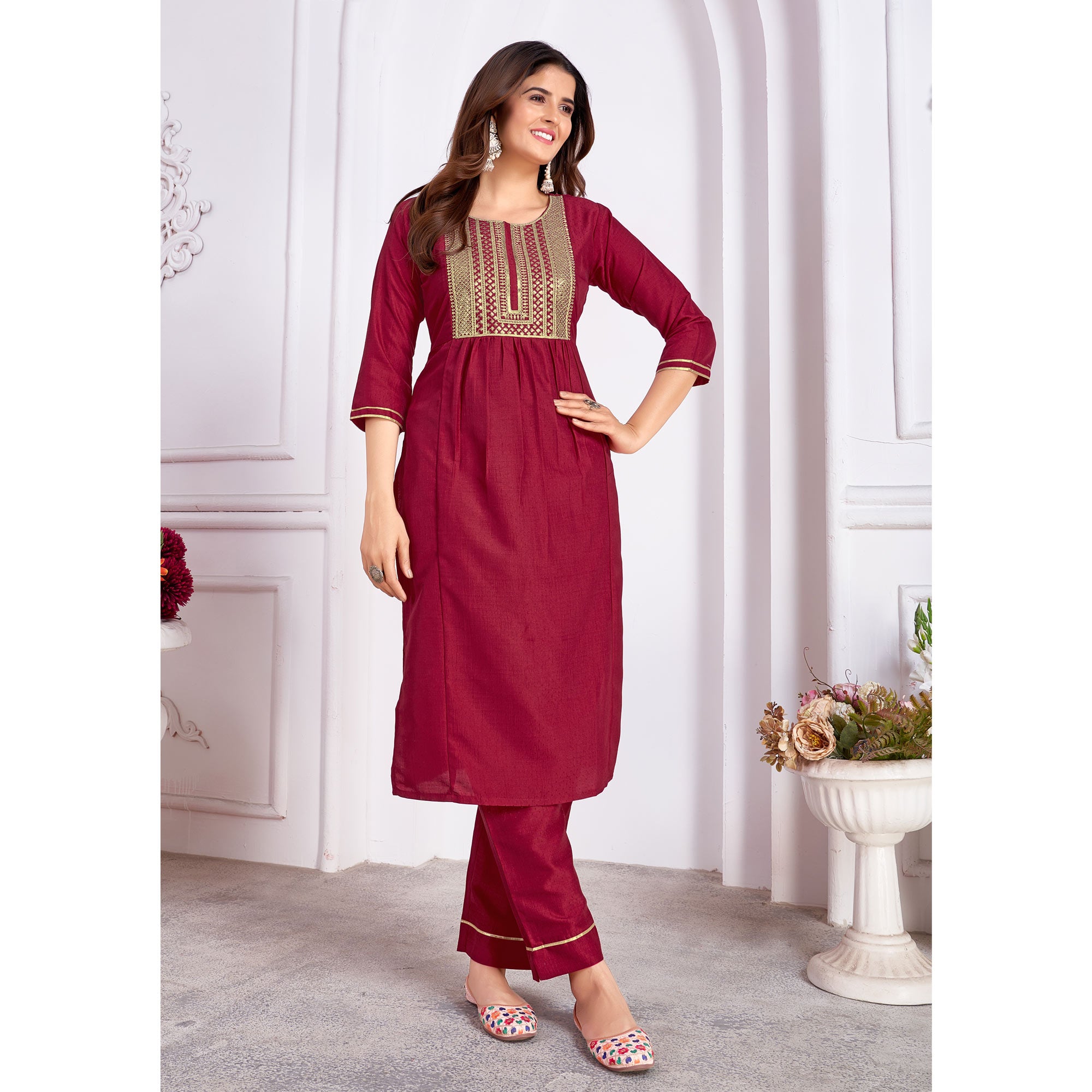 Dark Magenta Embroidered Art Silk Salwar Suit