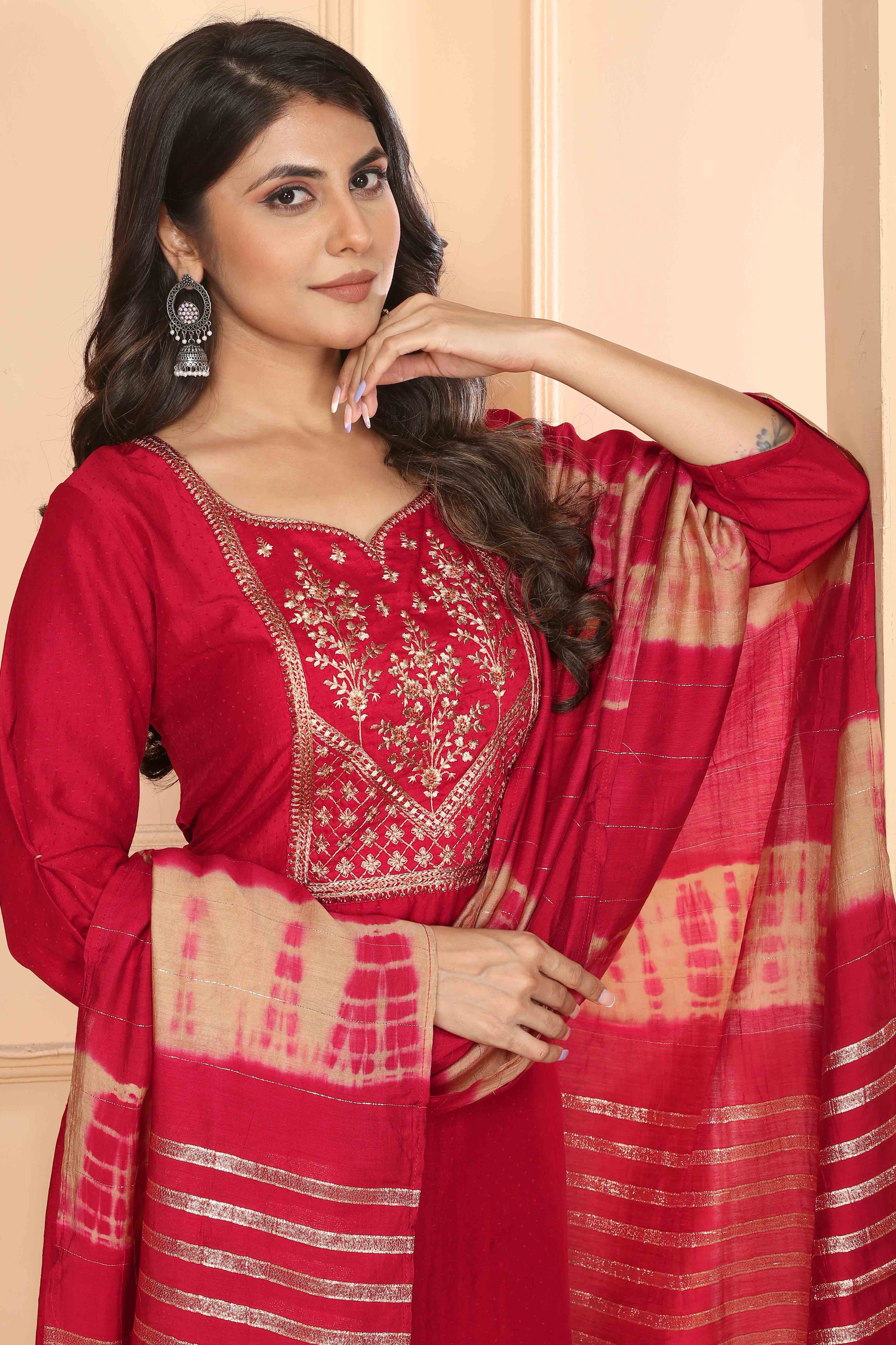 Red Yoke Embroidered Viscose Straight Salwar Suit