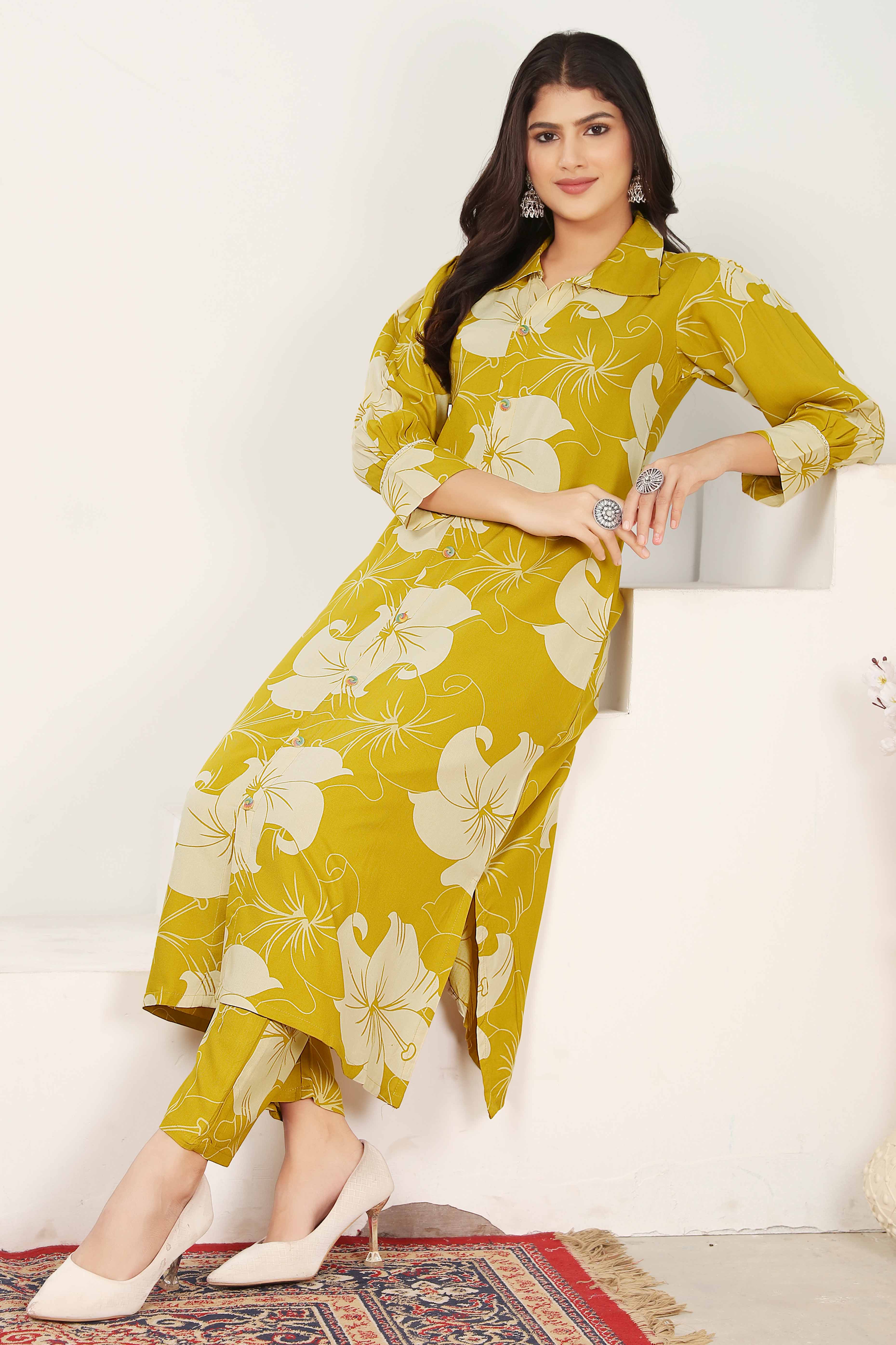 Mustard Floral Print Rayon Two-Piece A-Line Set with Functional Pockets