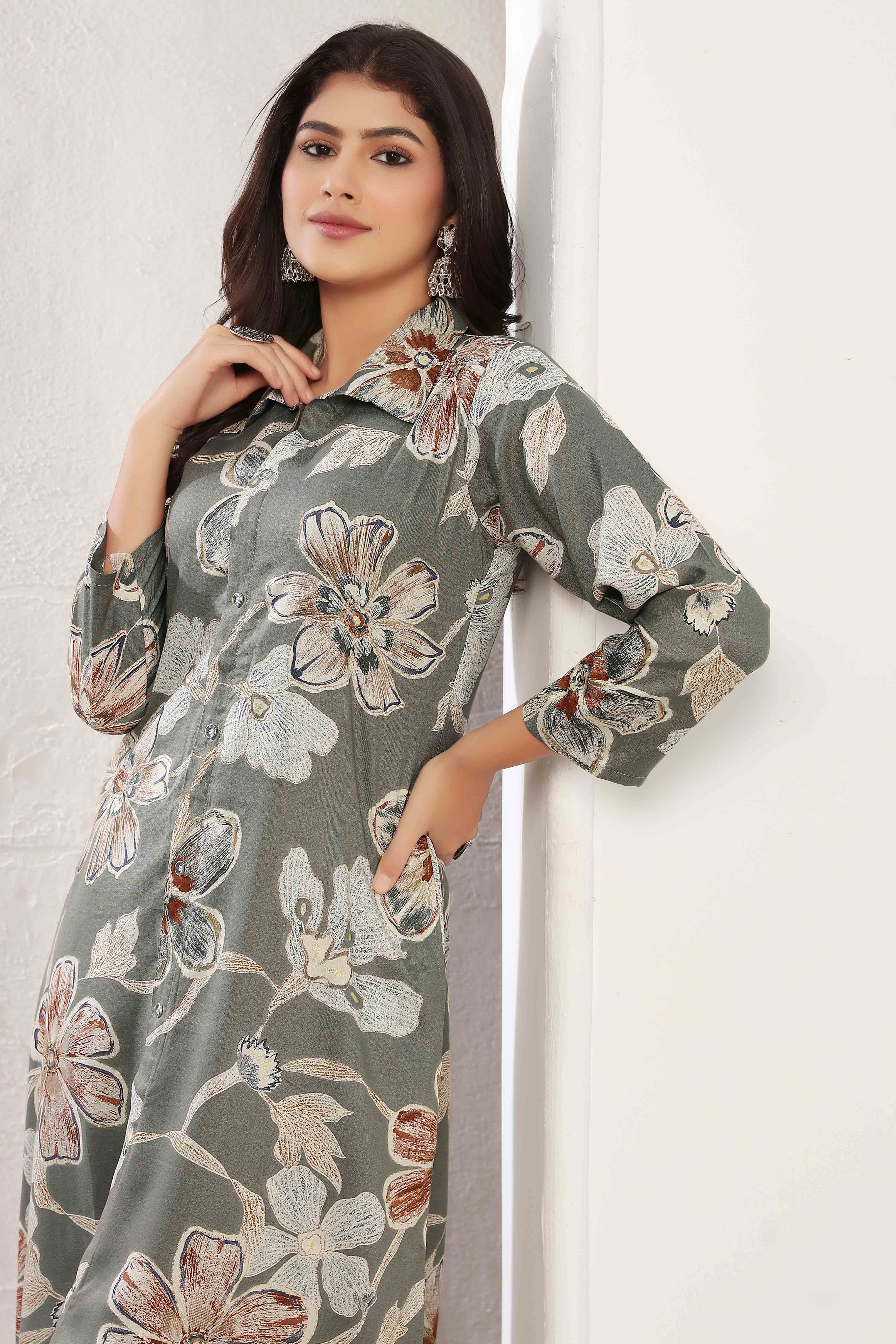 Grey Chanderi A-Line Co-Ord Set with Delicate Prints & Side Pockets