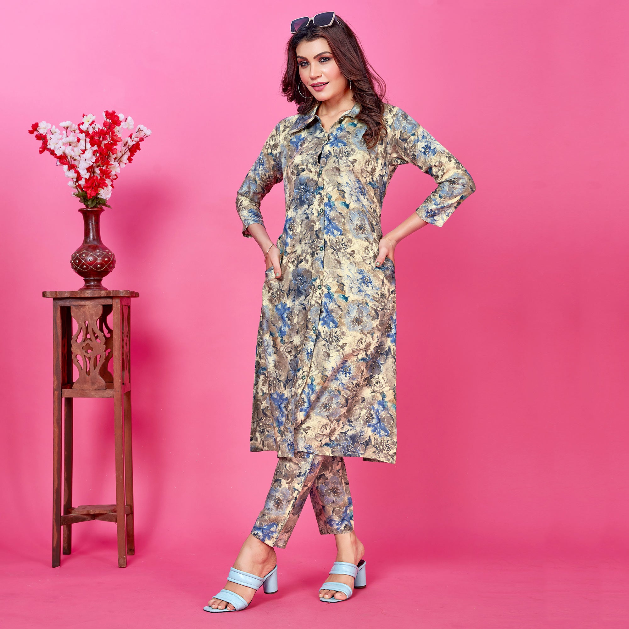 Cream Floral Foil Printed Rayon Co-Ord Set