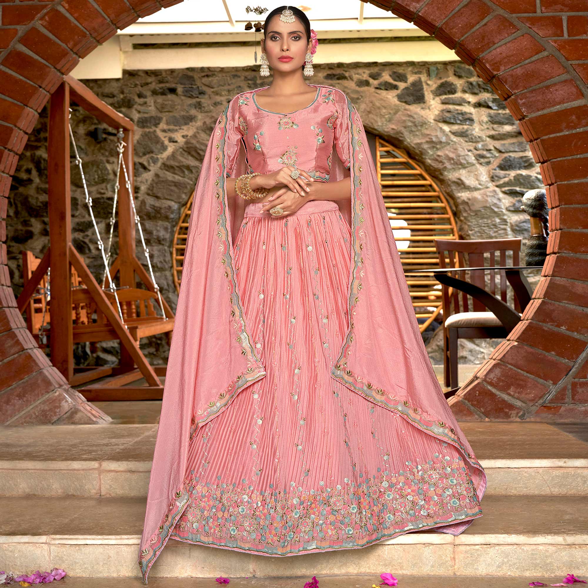 Pink Sequins Floral Embroidered Chiffon Lehenga Choli