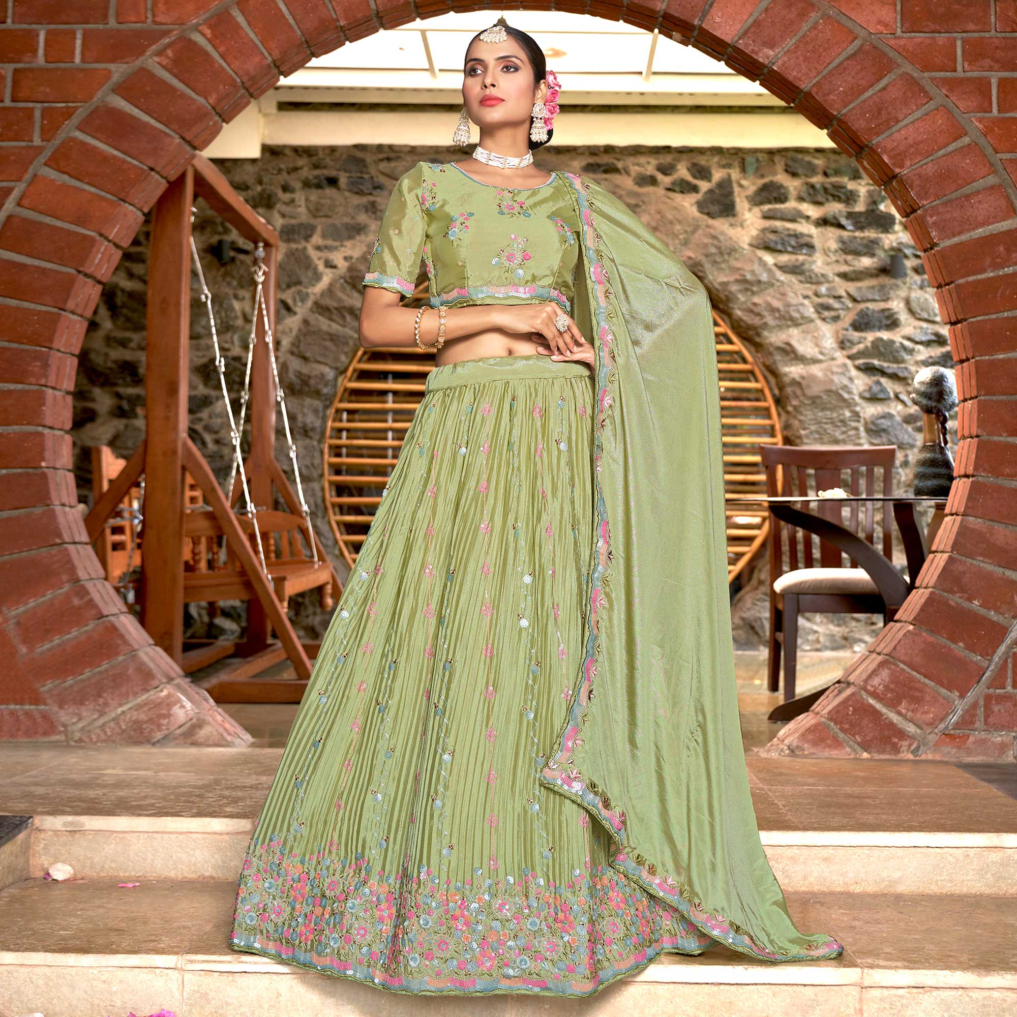 Pista Green Sequins Floral Embroidered Chiffon Lehenga Choli