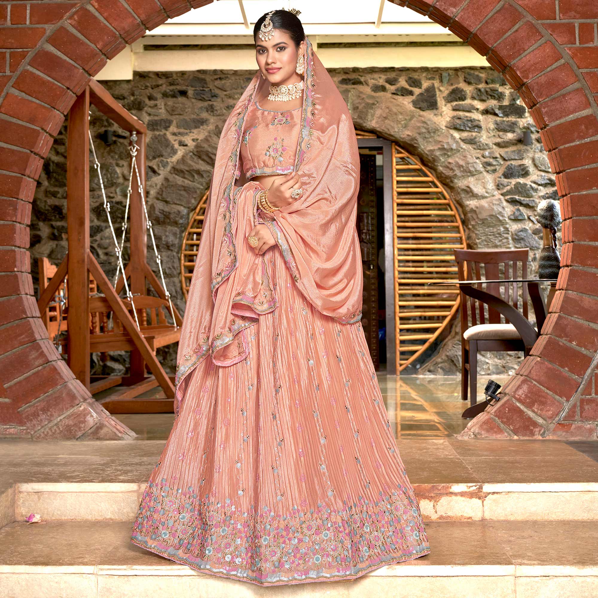 Peach Sequins Floral Embroidered Chiffon Lehenga Choli