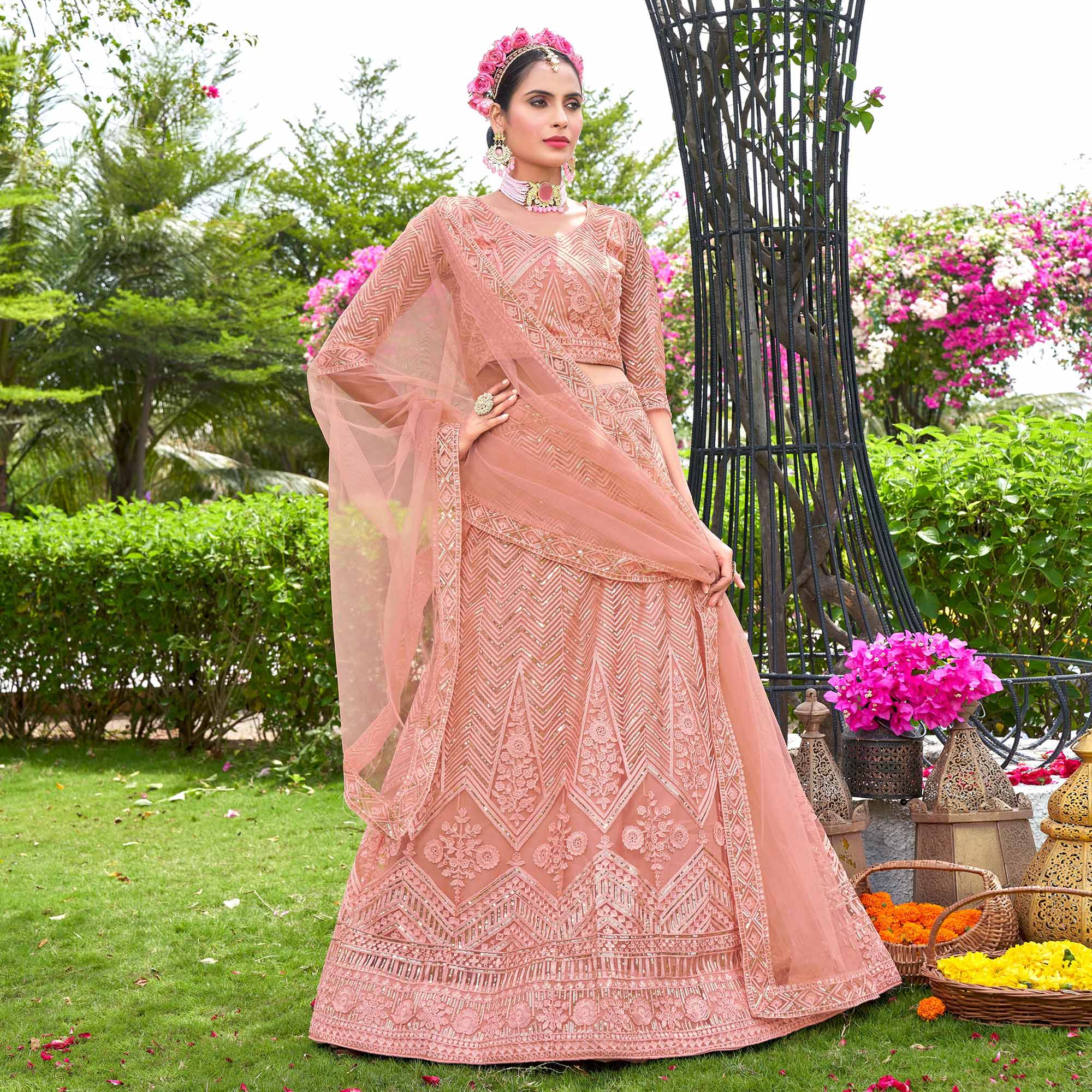 Peach Sequins Floral Embroidered Net Semi Stitched Lehenga Choli