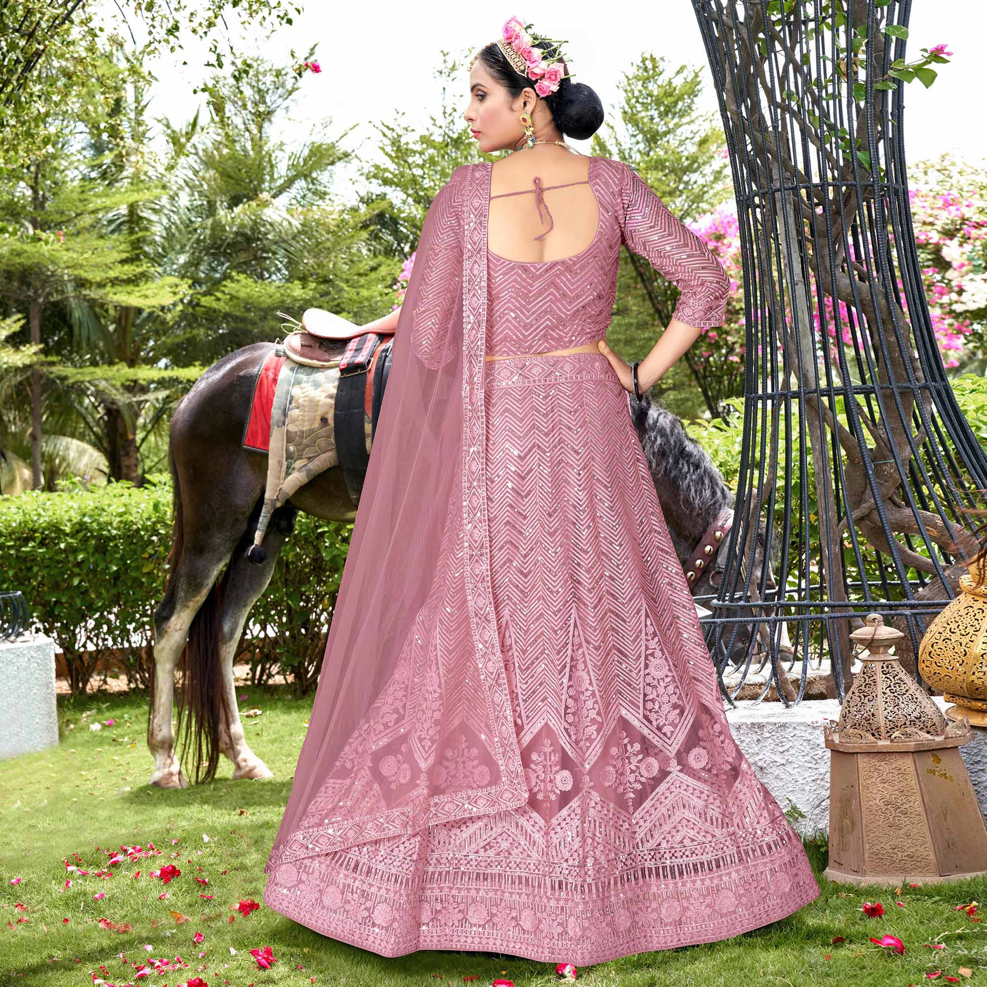 Pink Sequins Floral Embroidered Net Semi Stitched Lehenga Choli