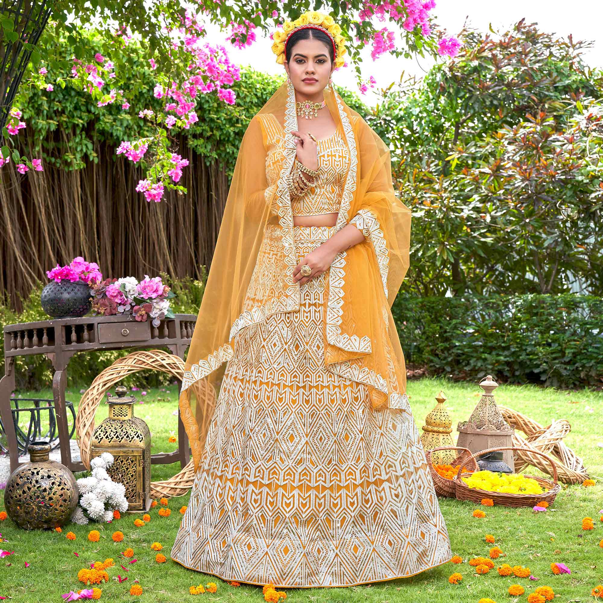 Yellow Sequins Embroidered Net Semi Stitched Lehenga Choli
