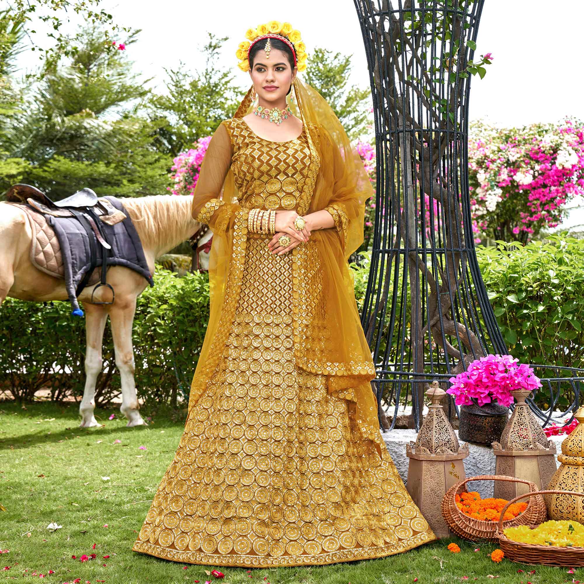 Mustard Sequins Embroidered Net Lehenga Choli