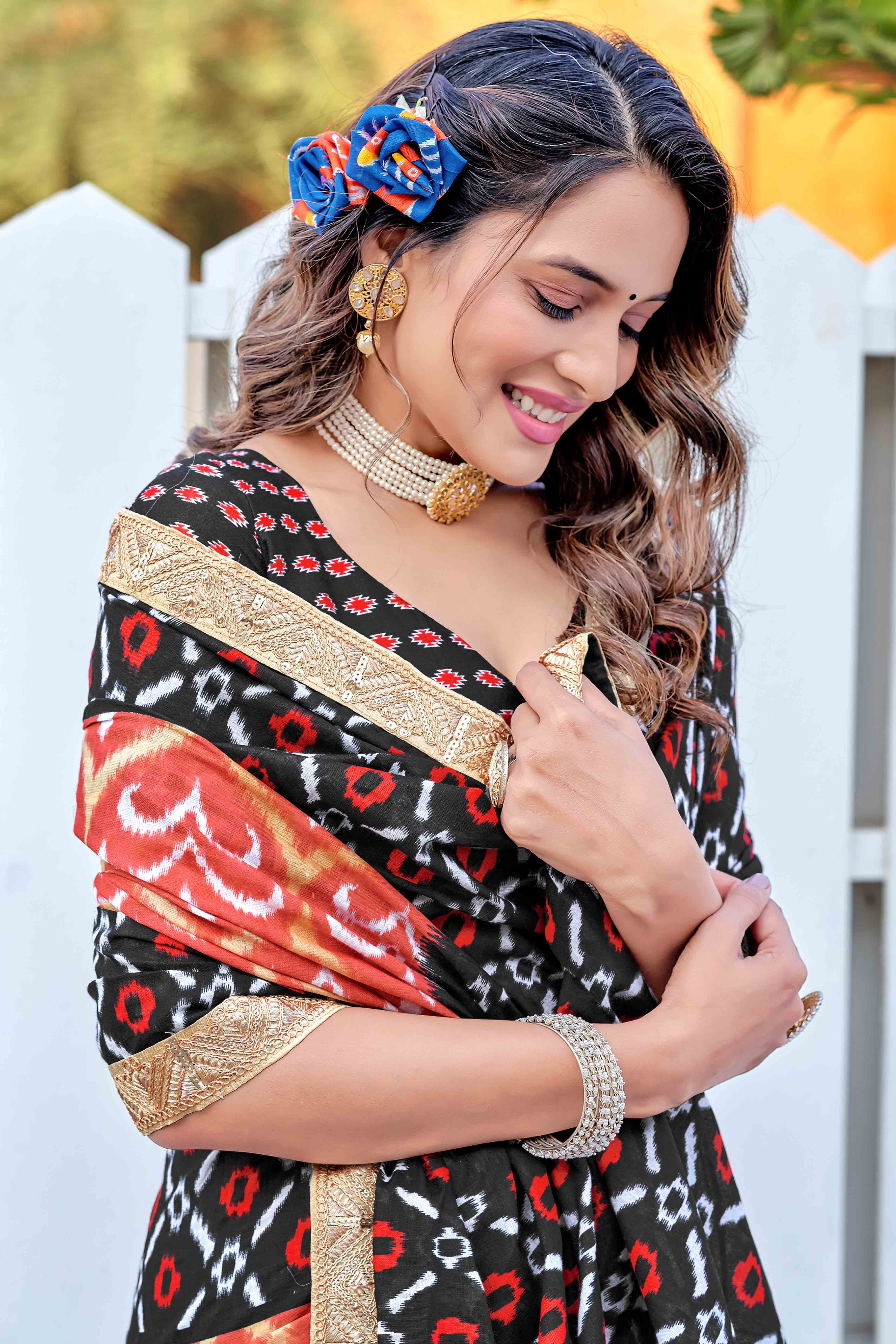 Black & Red Mulmul Cotton Saree with Ikkat Print and Embroidered Lace Border