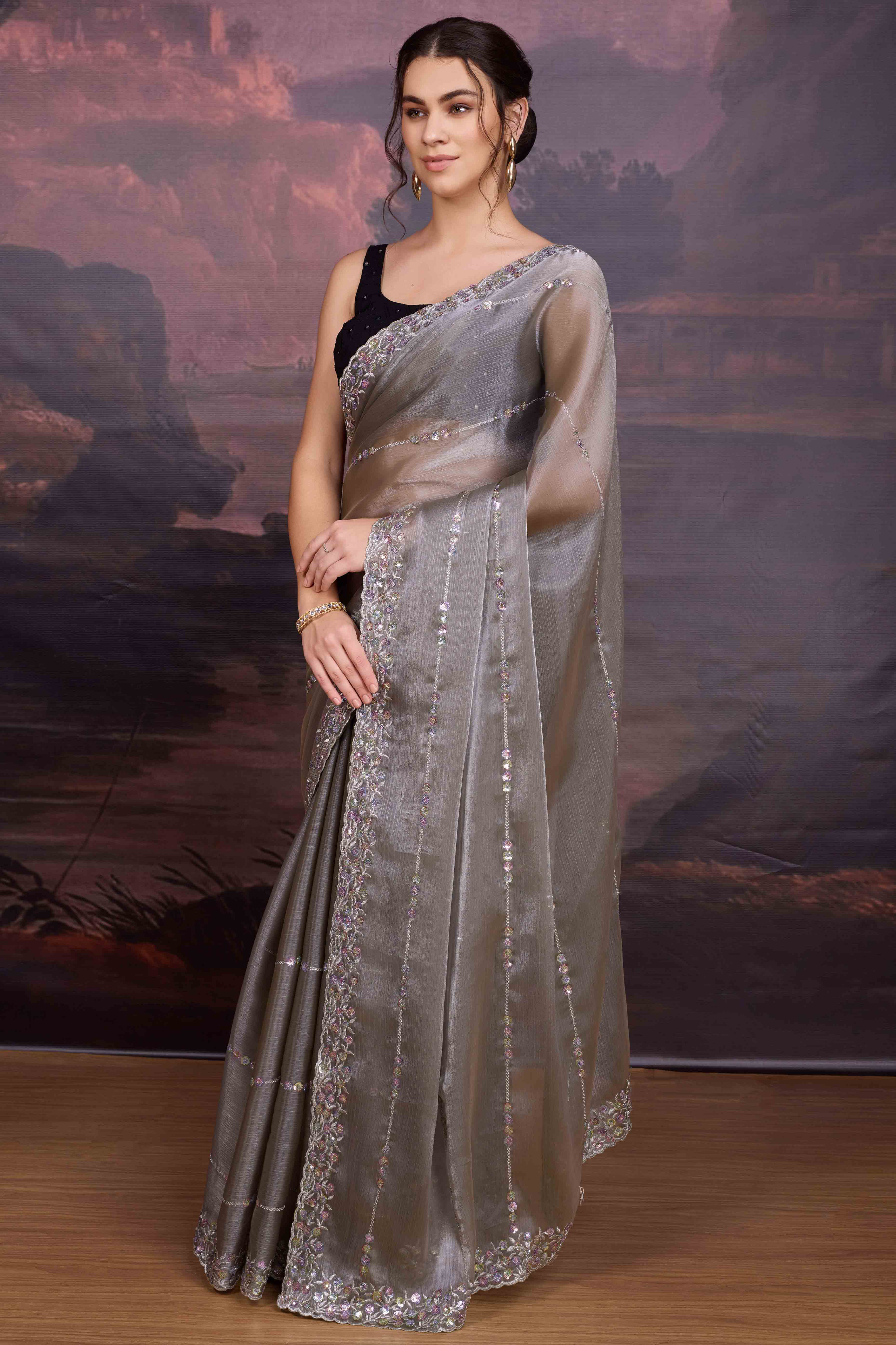 Grey Organza Saree Enhanced with Elegant Sequins Embellishments