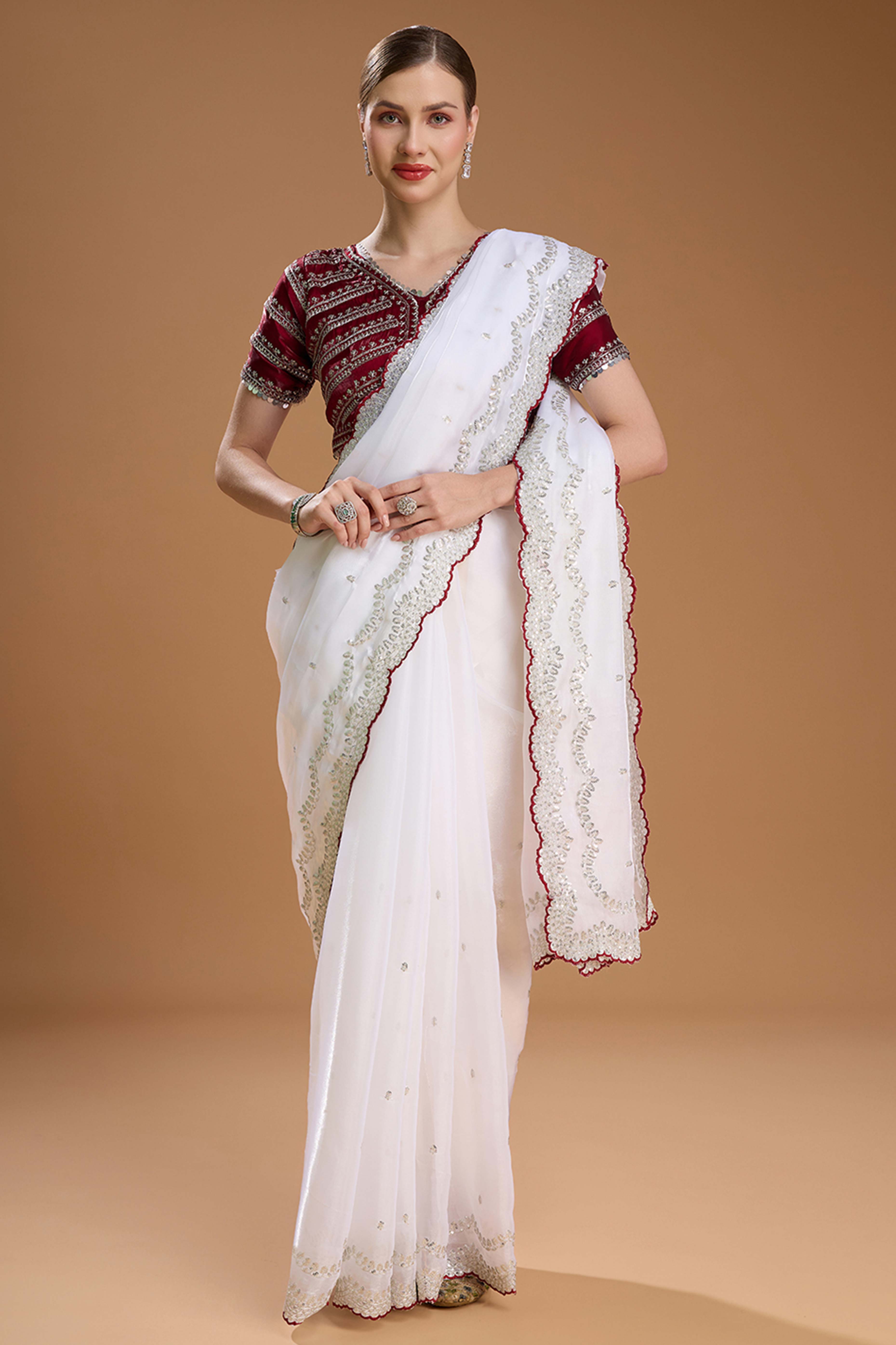 White Embroidered Saree in Organza with Sequins Accents