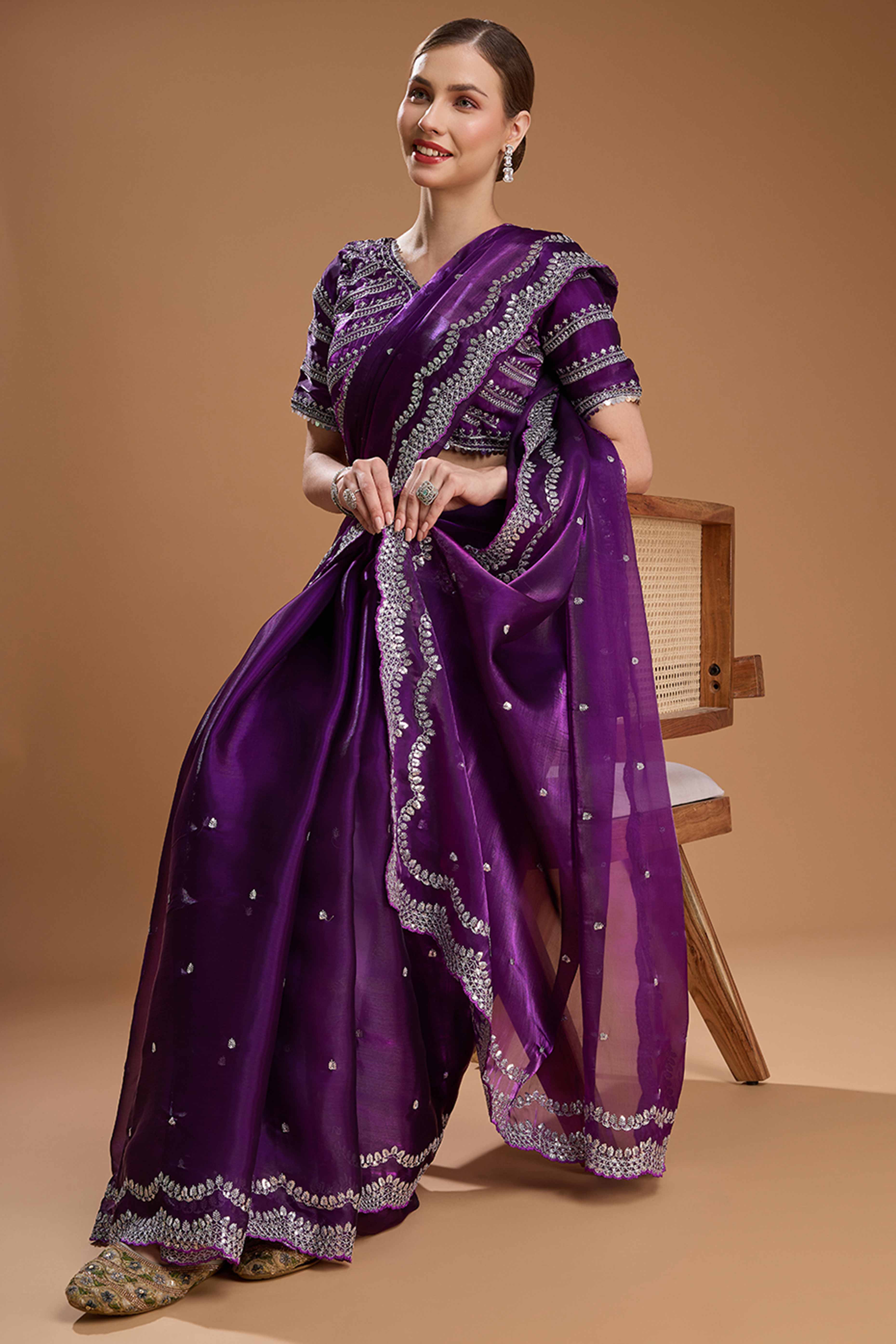 Dark Purple Embroidered Saree in Organza with Sequins Accents