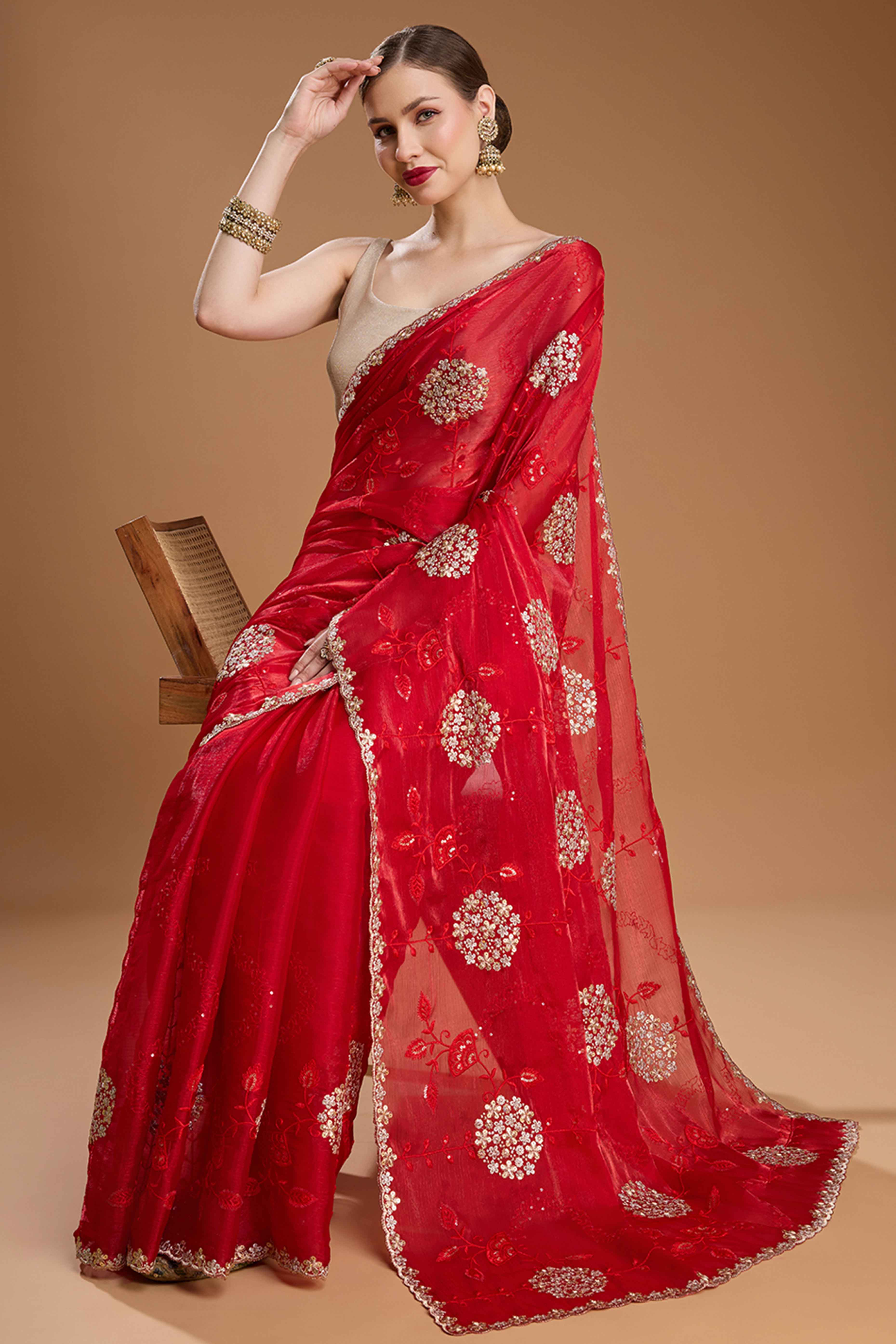 Red Floral Design Organza Saree with Glittering Sequins Embroidery
