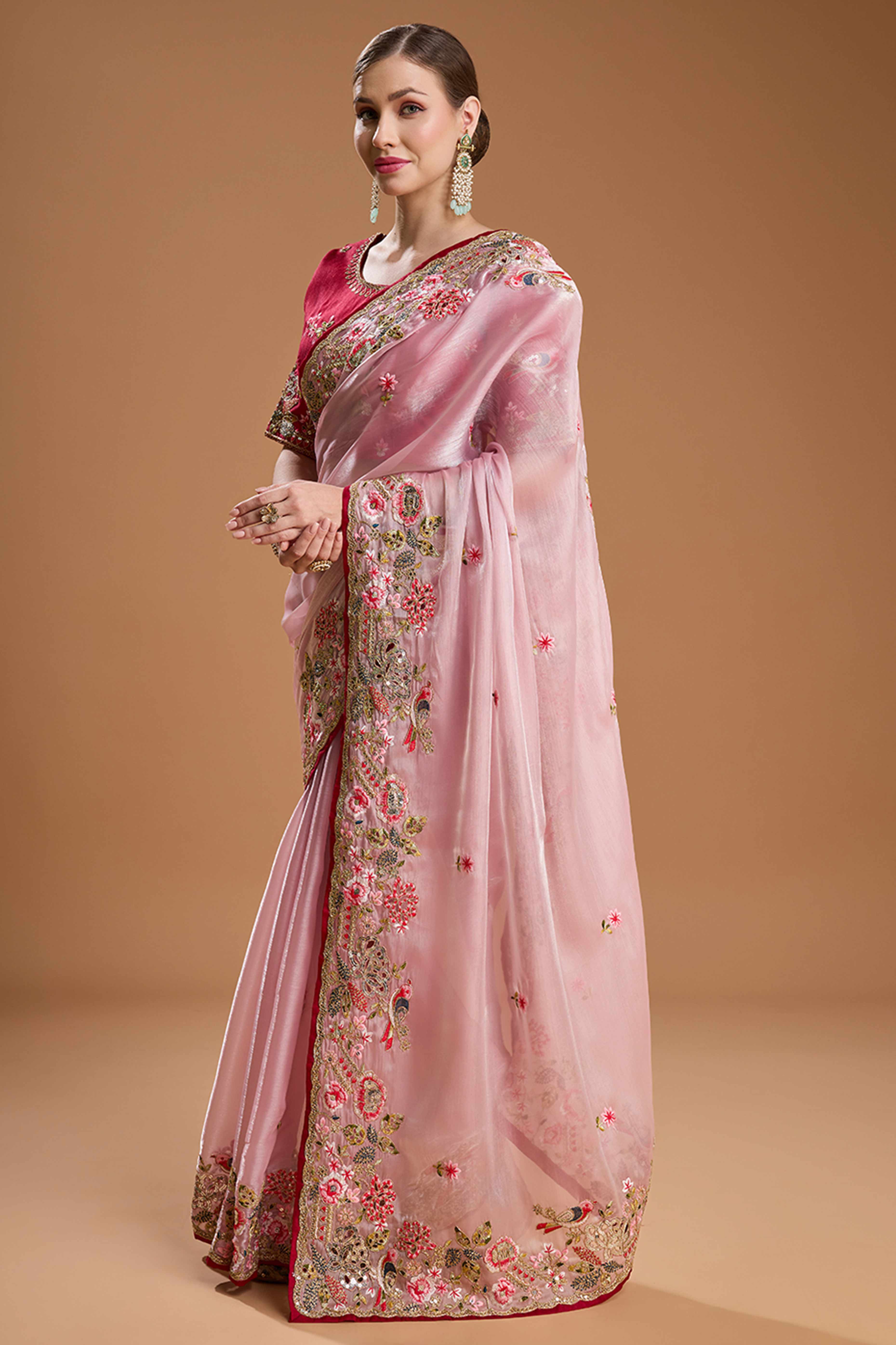 Light Peach Floral Design Organza Saree with Glittering Sequins Embroidery