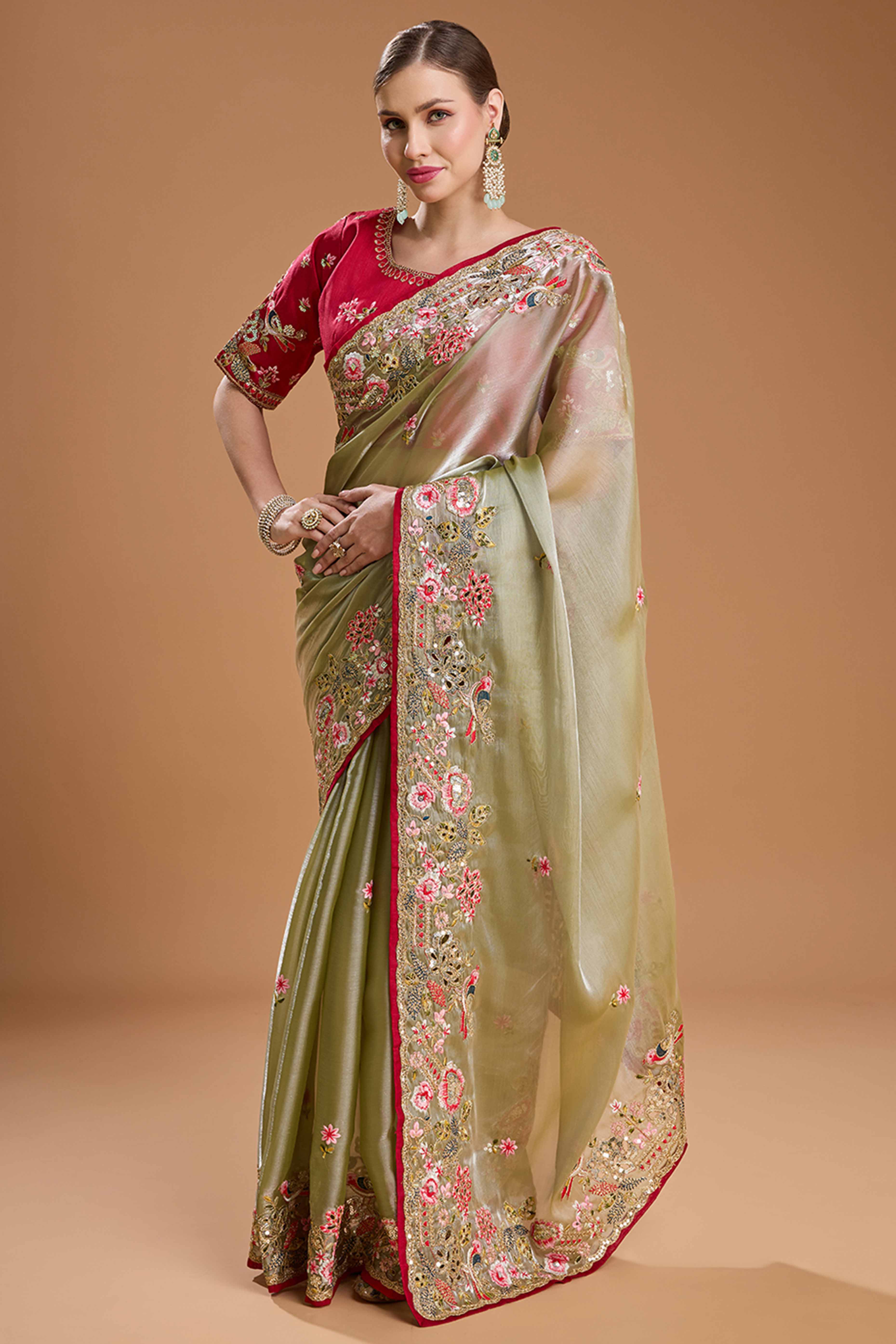 Green Floral Design Organza Saree with Glittering Sequins Embroidery