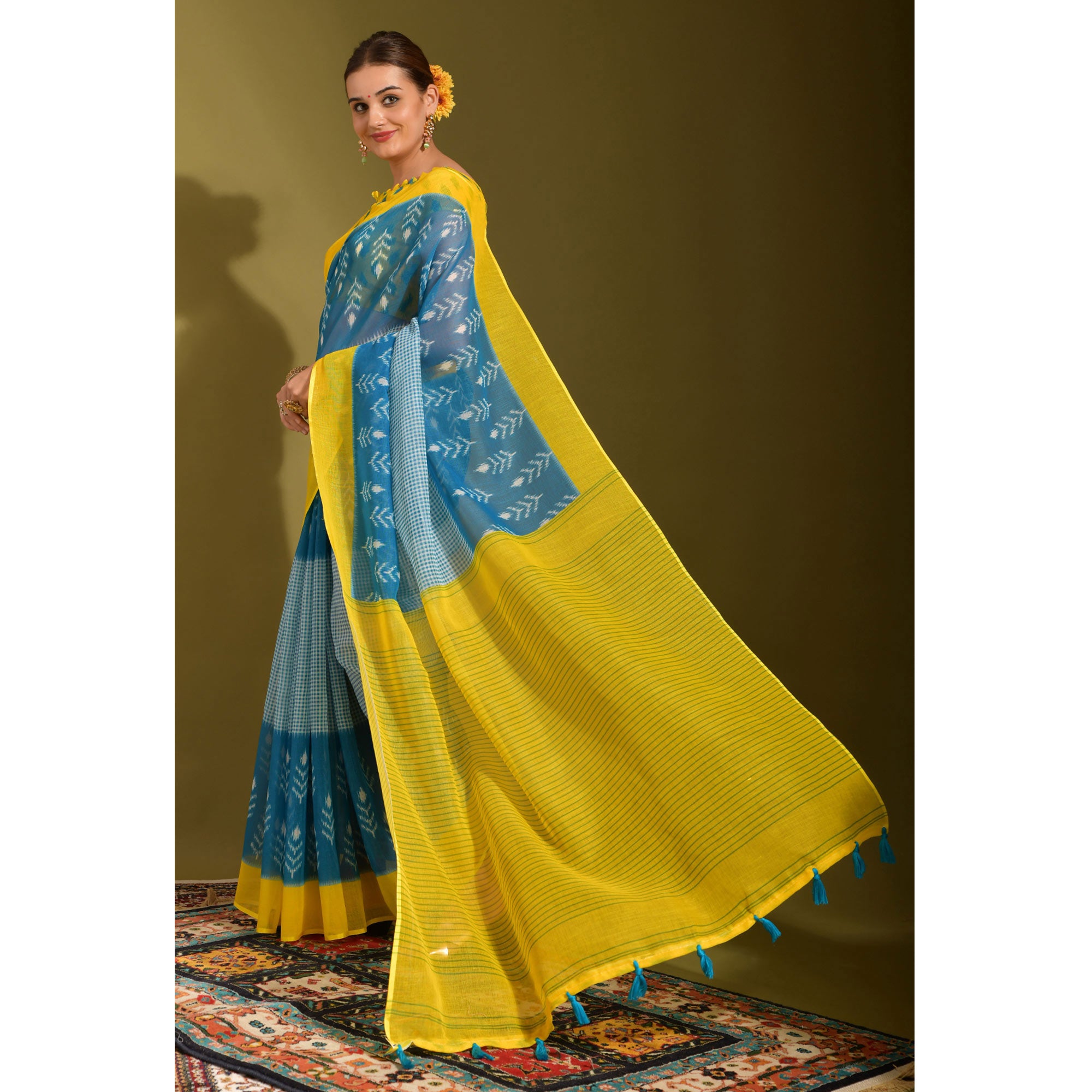 Blue & Yellow Digital Printed Linen Saree With Tassels