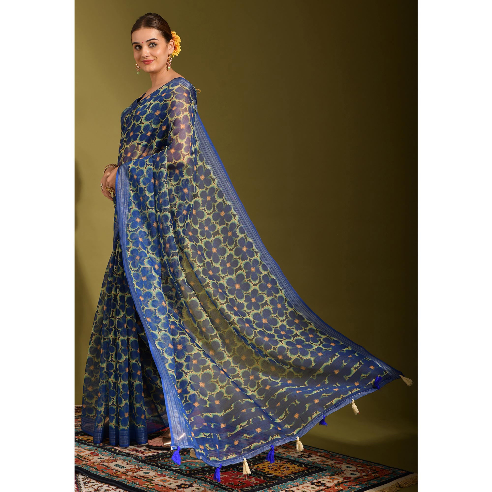 Blue Floral Digital Printed Linen Saree With Tassels
