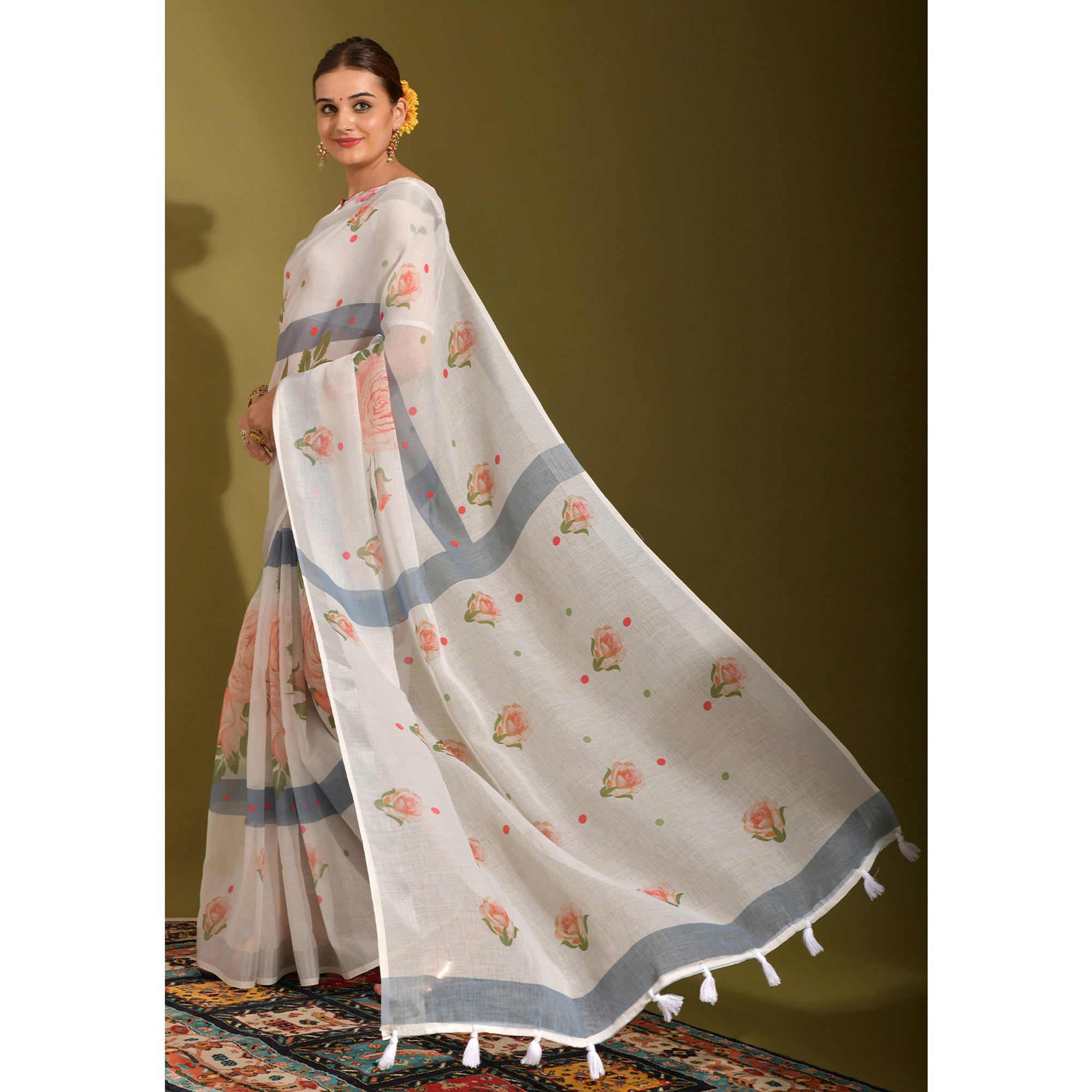 White Floral Digital Printed Linen Saree With Tassels