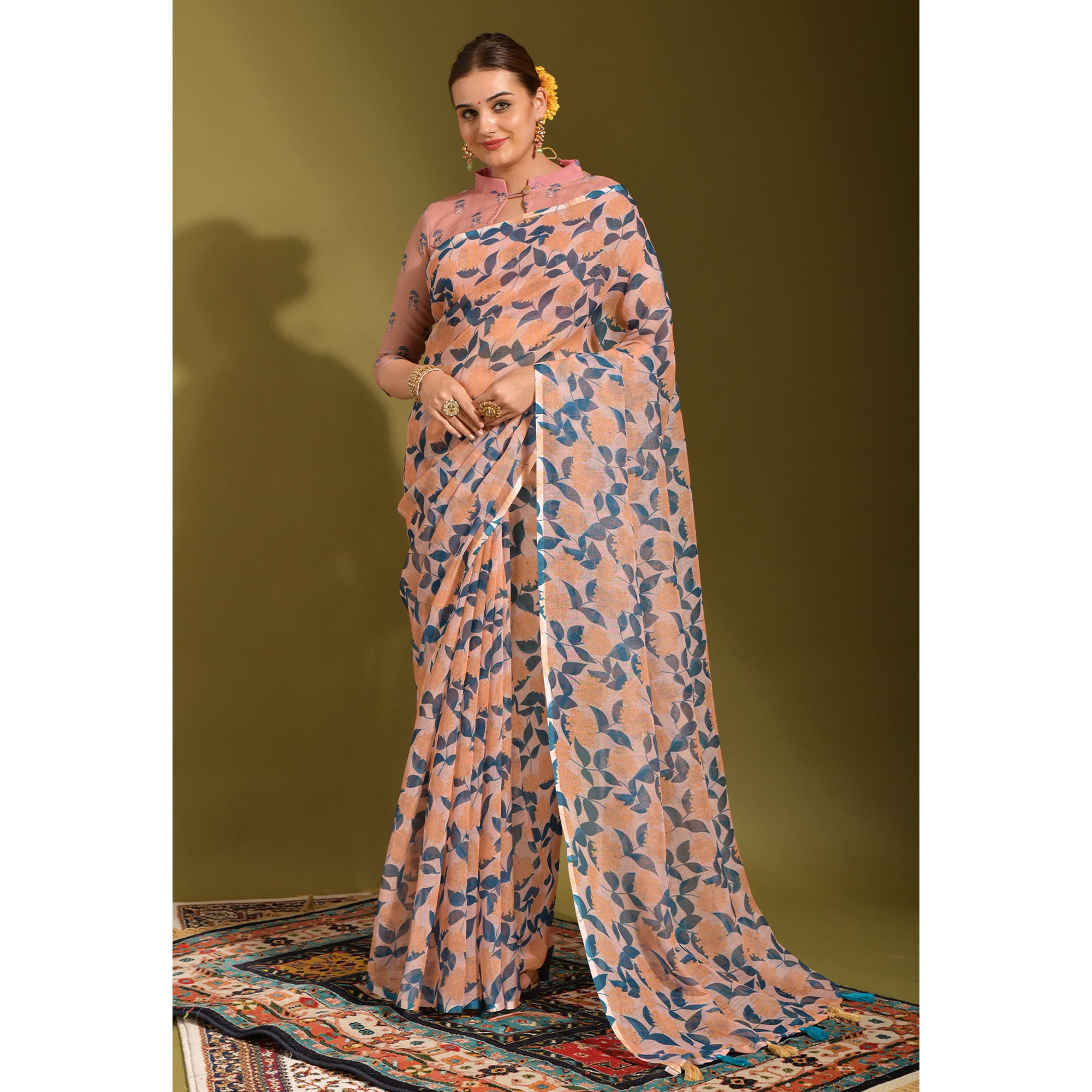 Peach Floral Digital Printed Linen Saree With Tassels
