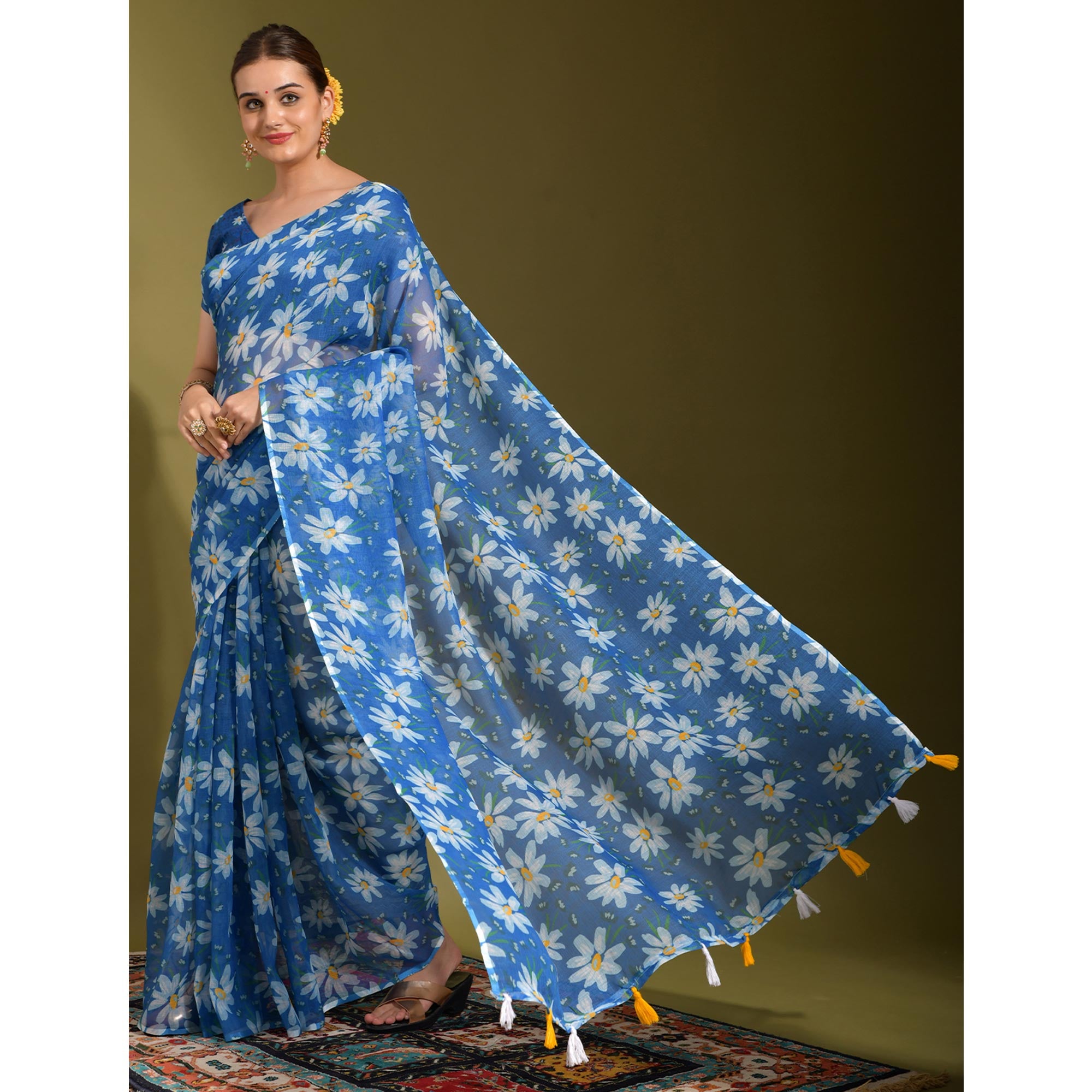 Blue Floral Digital Printed Linen Saree With Tassels
