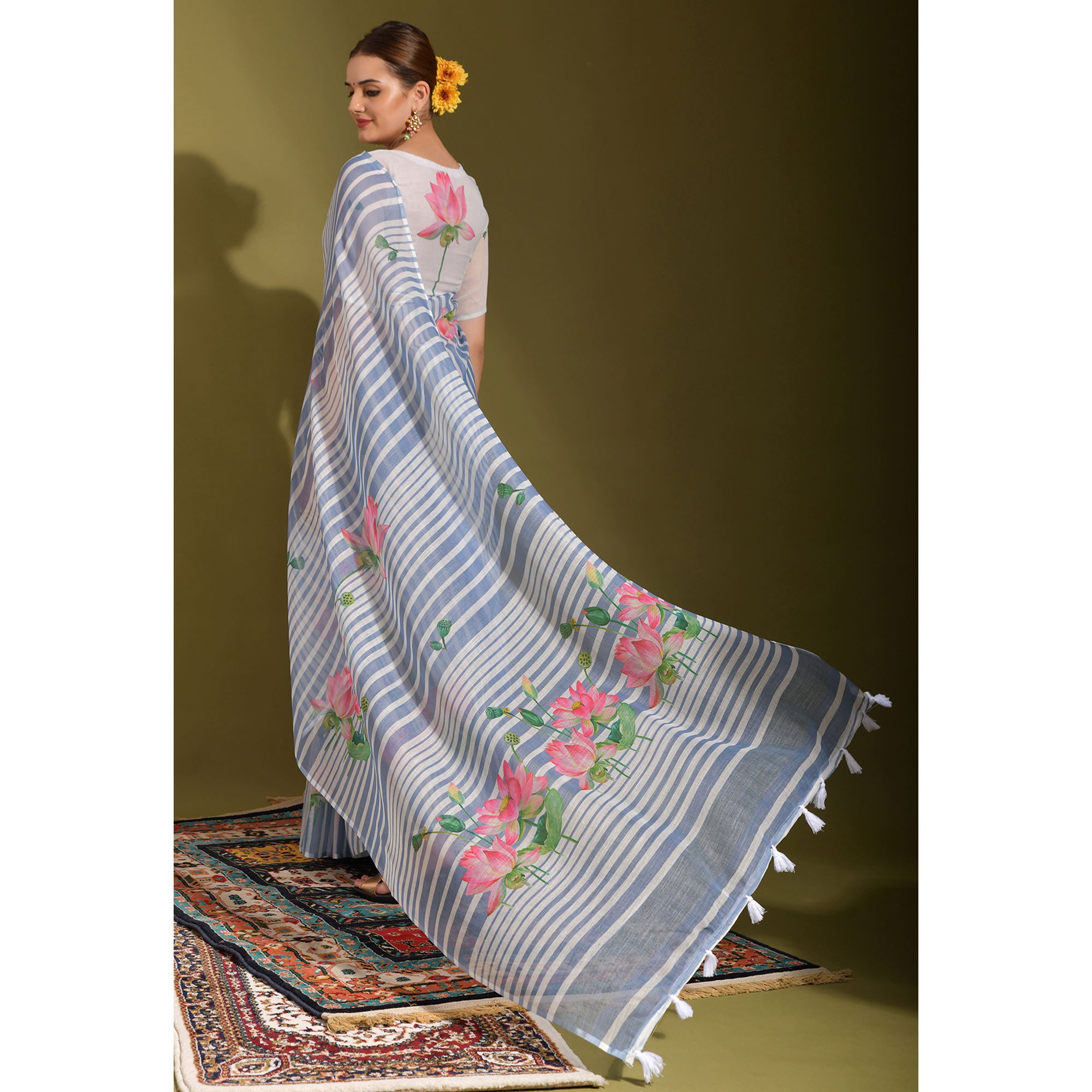 Sky Blue Floral Digital Printed Linen Saree With Tassels
