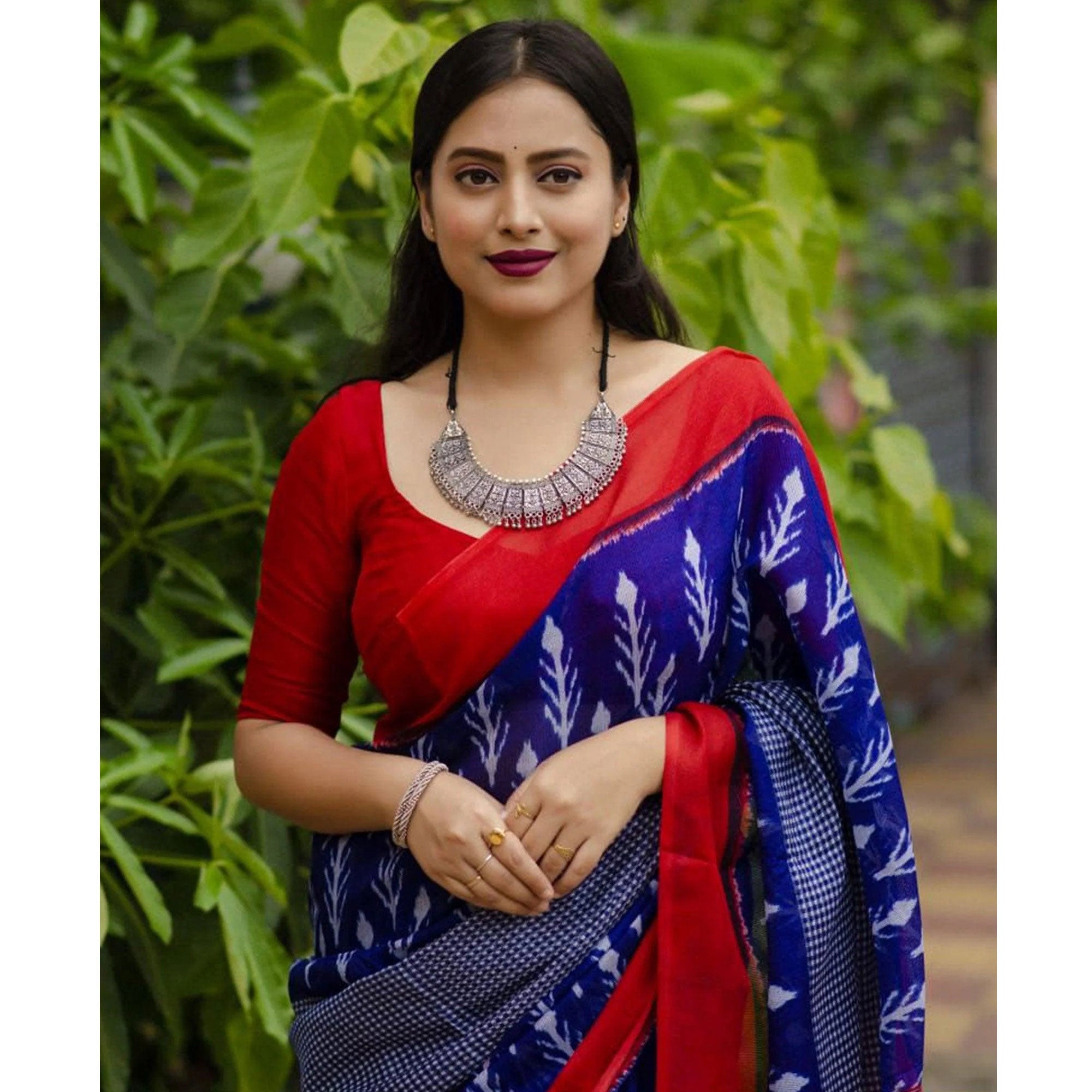 Blue Digital Printed Linen Saree With Tassels