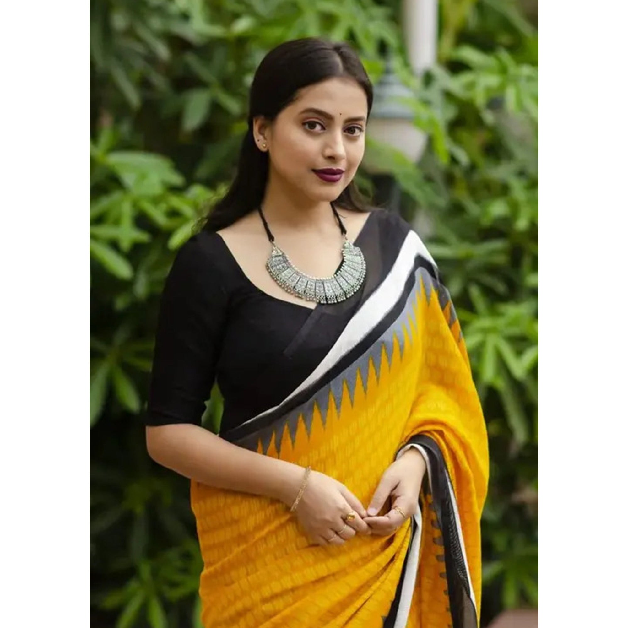 Yellow Digital Printed Linen Saree With Tassels