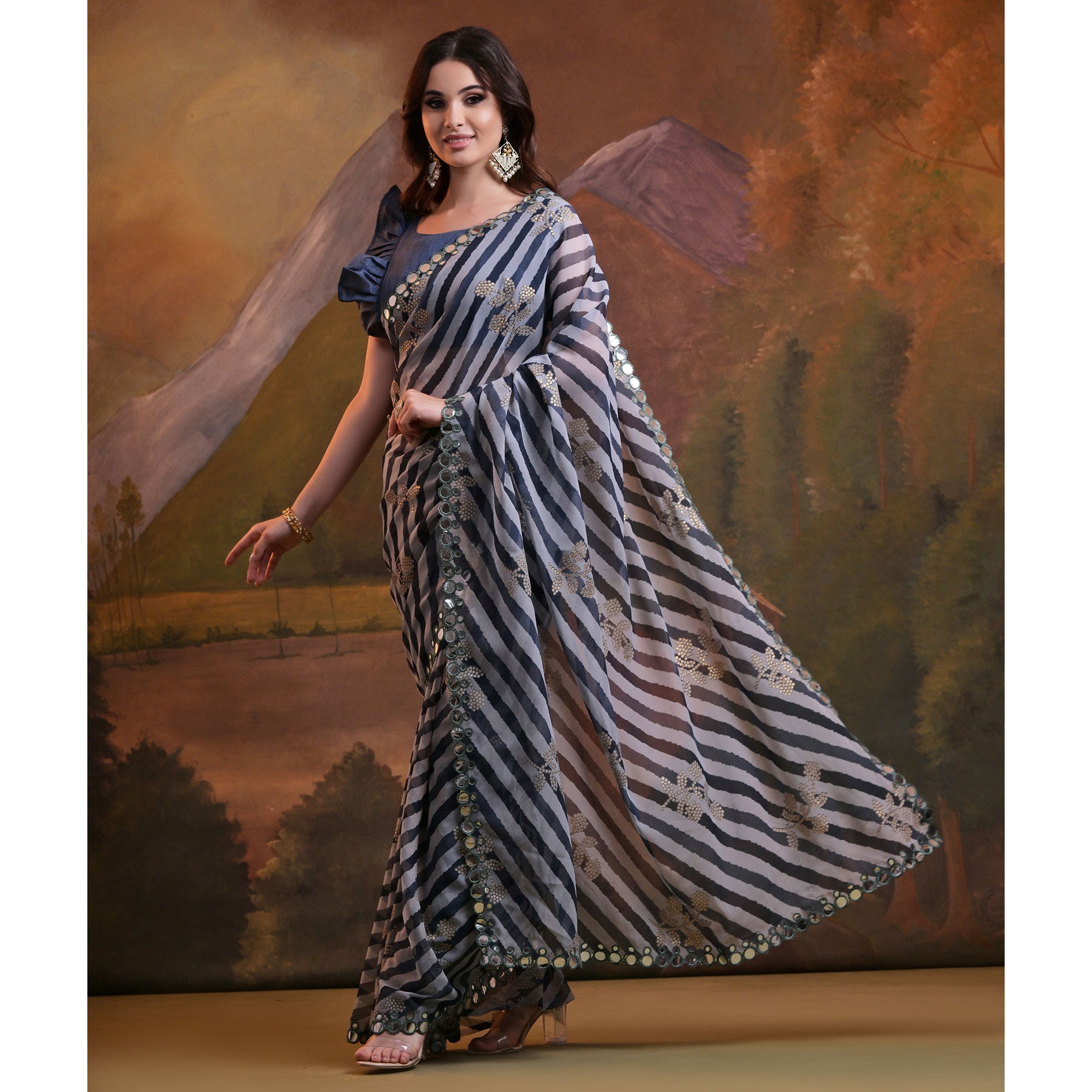 Blue Leheriya With Floral Foil Printed Georgette Saree