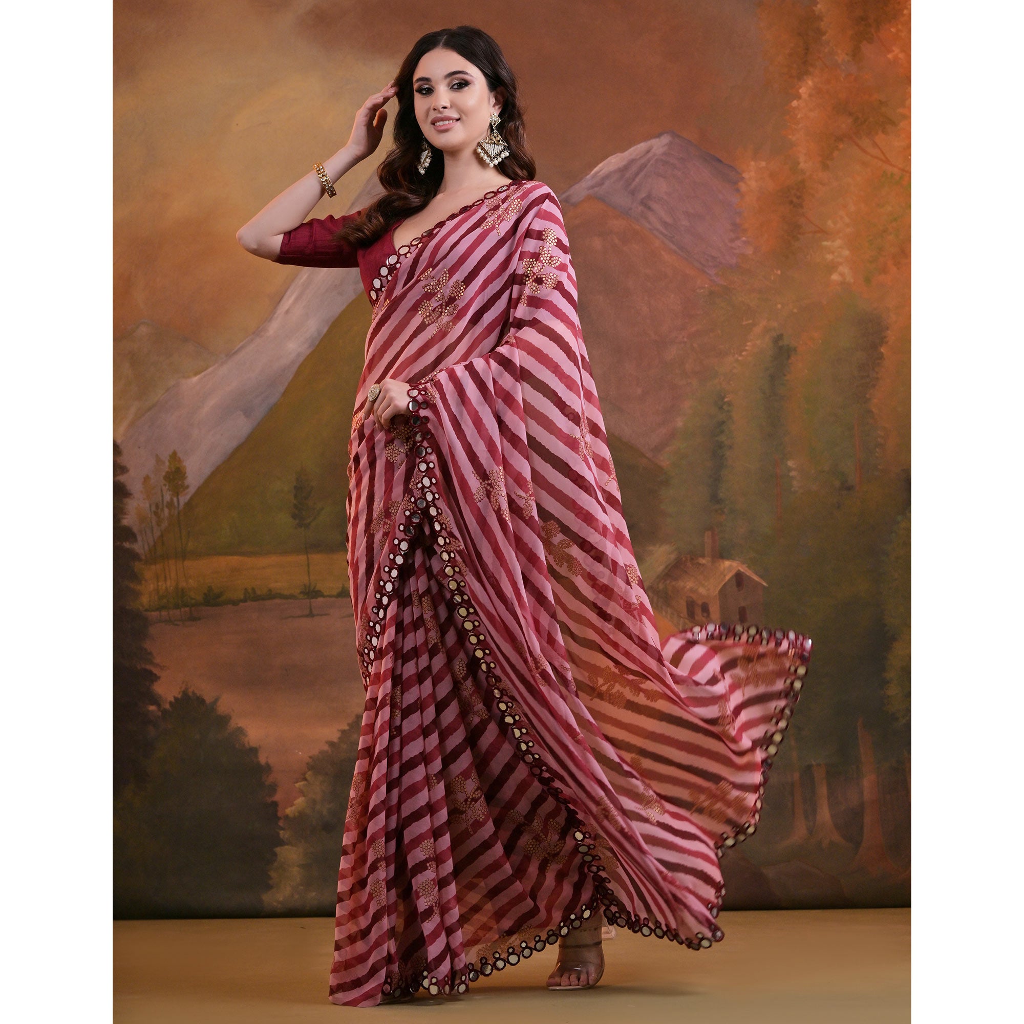 Maroon Leheriya With Floral Foil Printed Georgette Saree