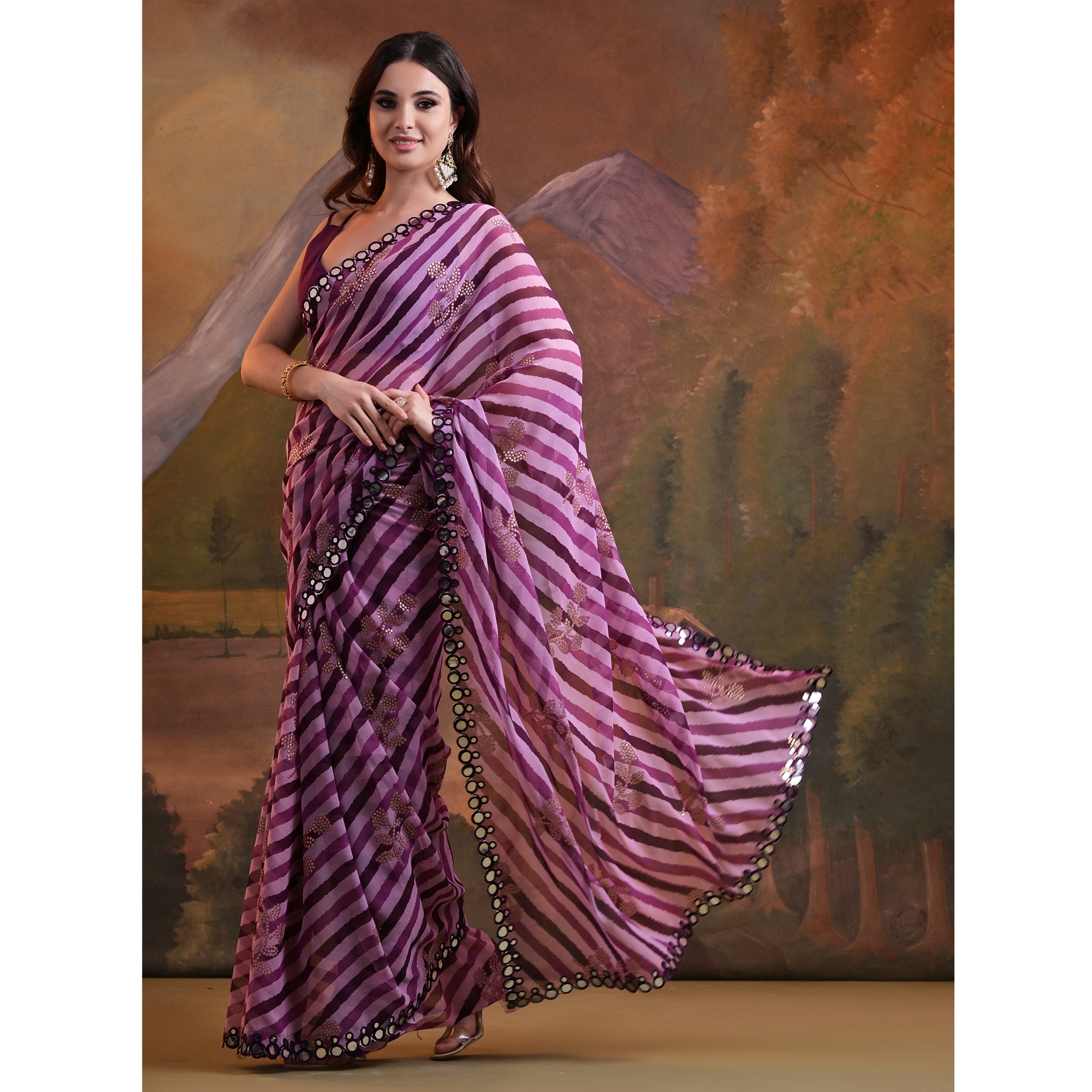 Purple Leheriya With Floral Foil Printed Georgette Saree