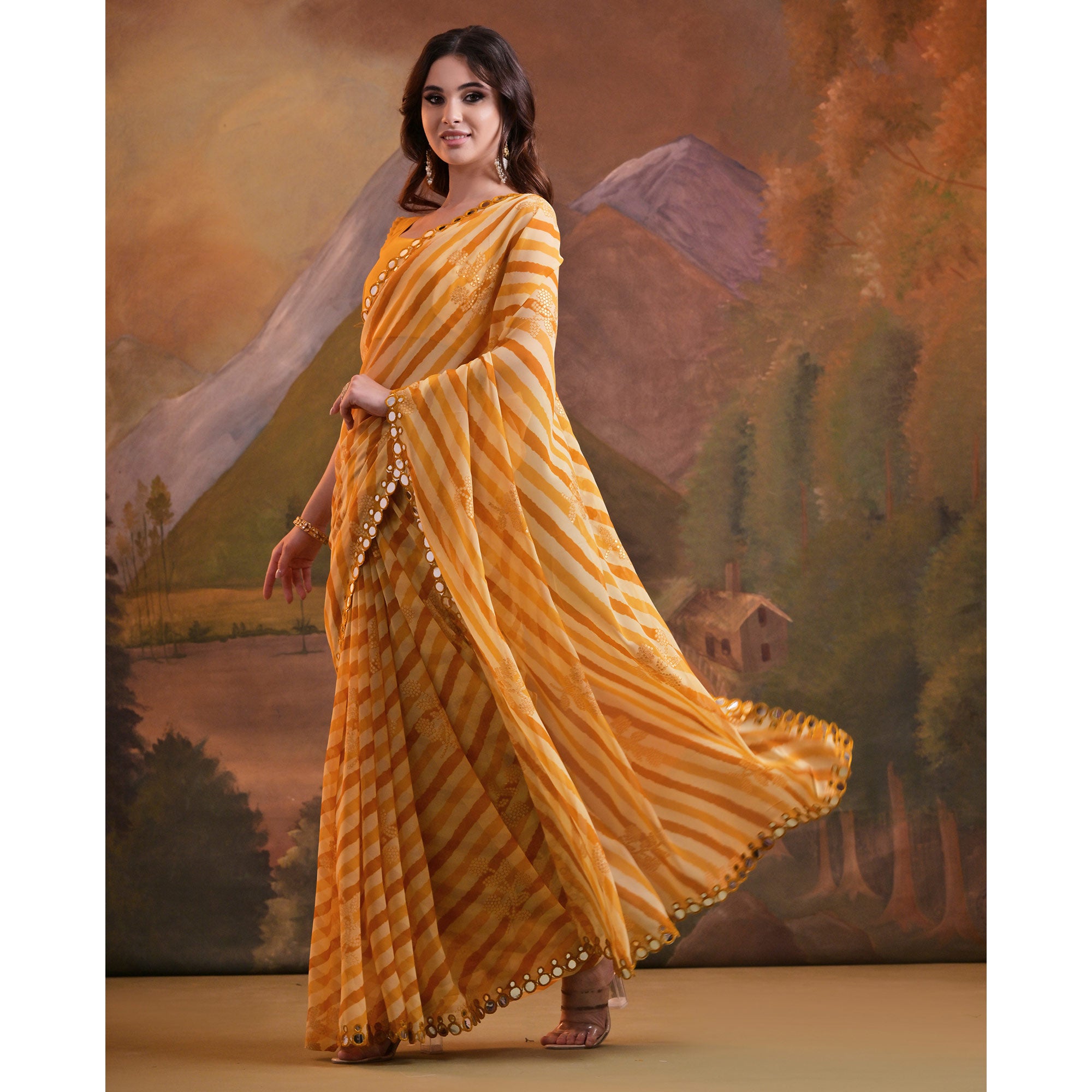 Yellow Leheriya With Floral Foil Printed Georgette Saree