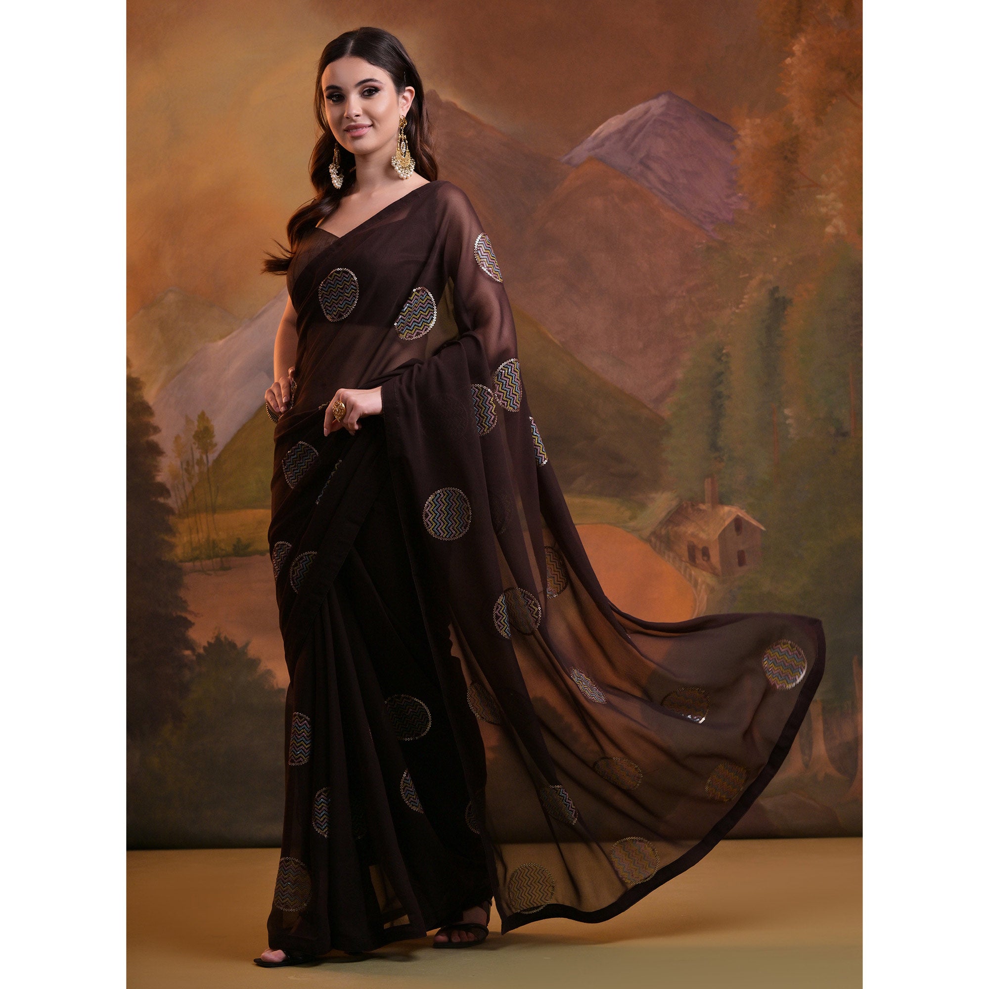 Dark Brown Sequins Embroidered Georgette Saree
