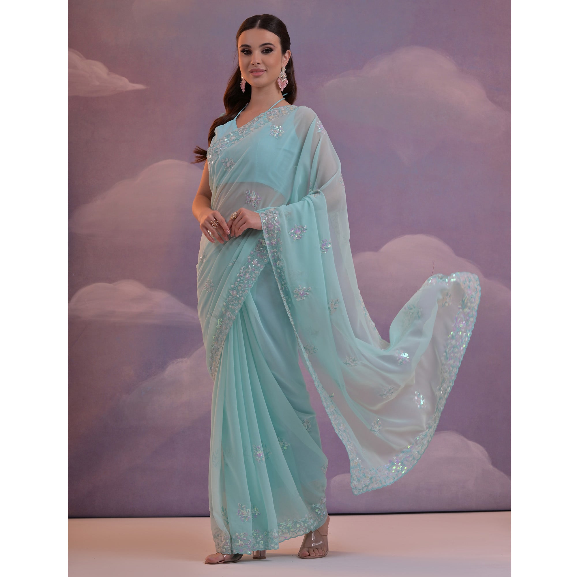 Blue Floral Sequins Embroidered Saree