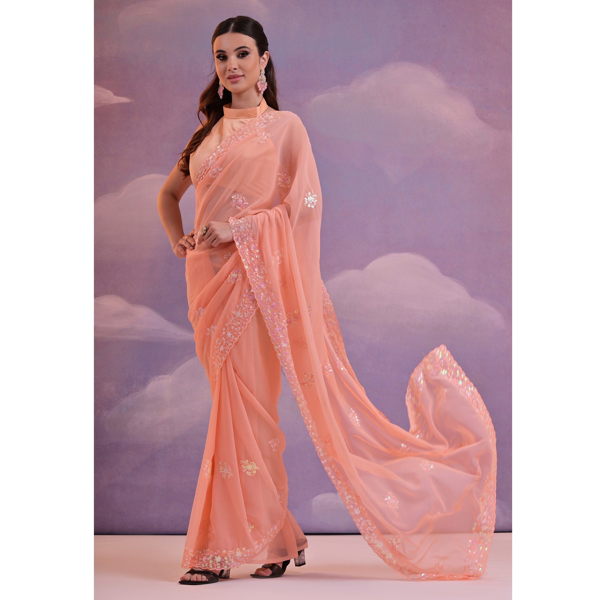 Peach Floral Sequins Embroidered Saree