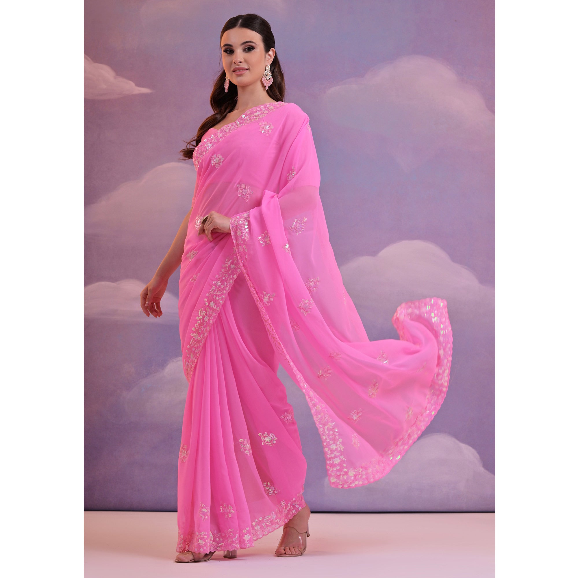 Pink Floral Sequins Embroidered Saree