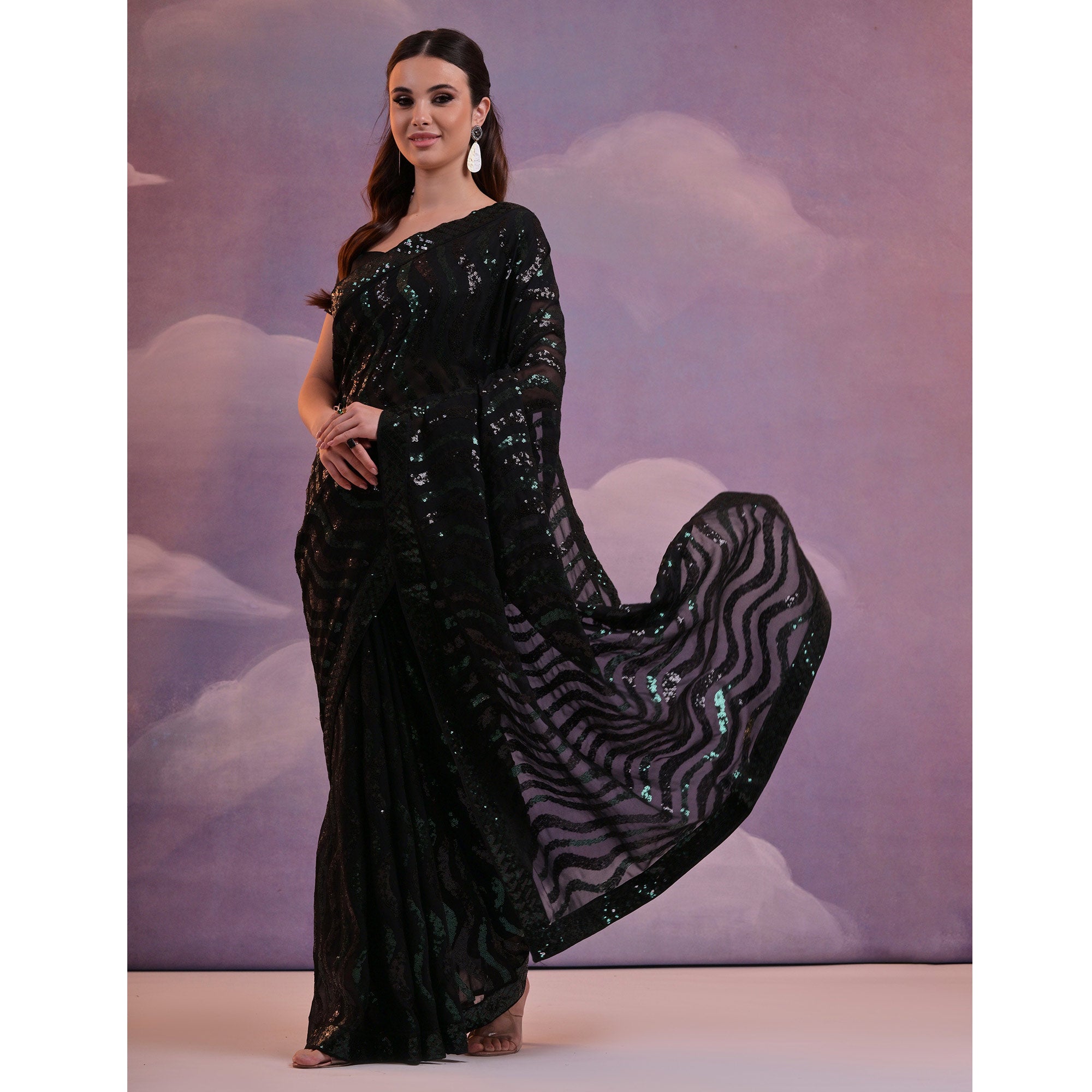Black Sequins Embroidered Georgette Saree With Lace Border