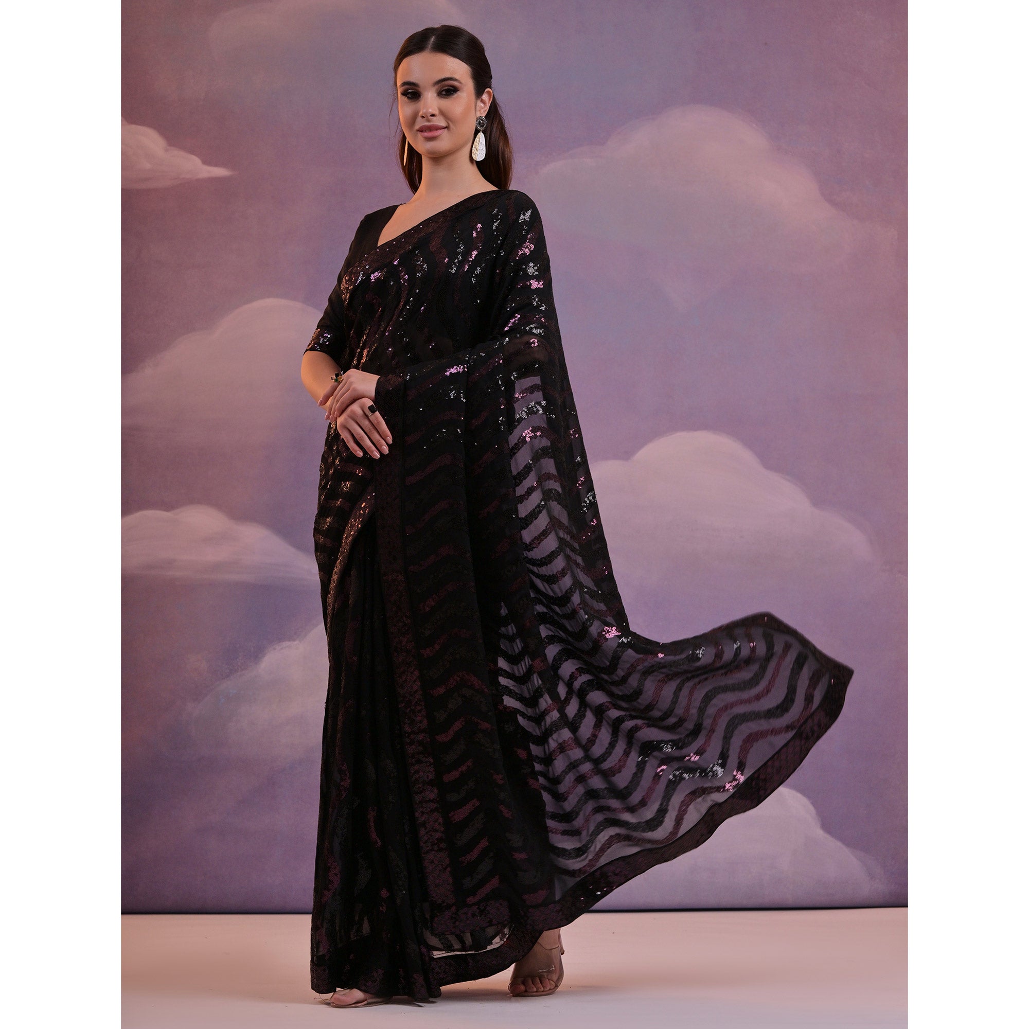 Black Sequins Embroidered Georgette Saree With Lace Border