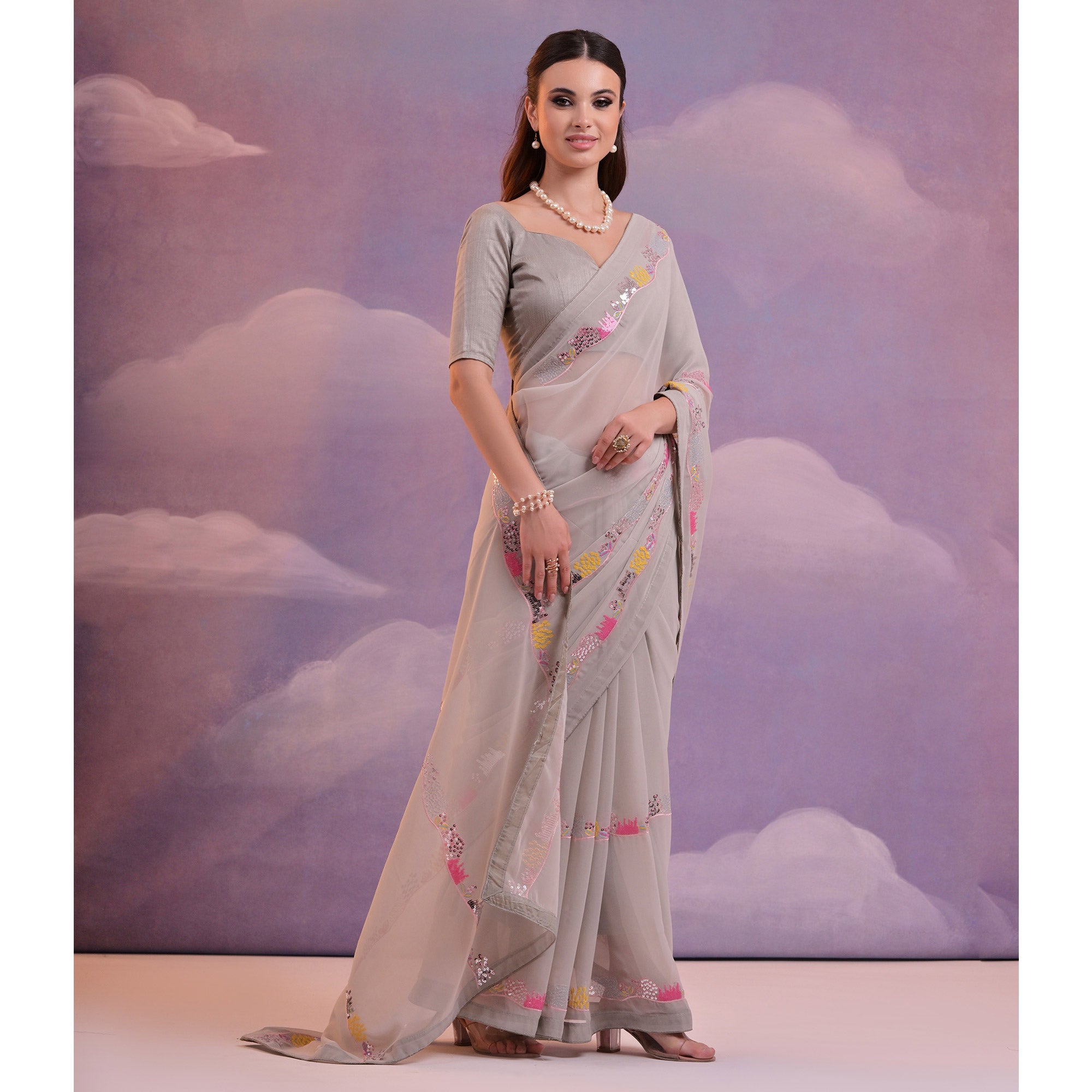 Grey Sequins Embroidered Georgette Saree With Lace Border