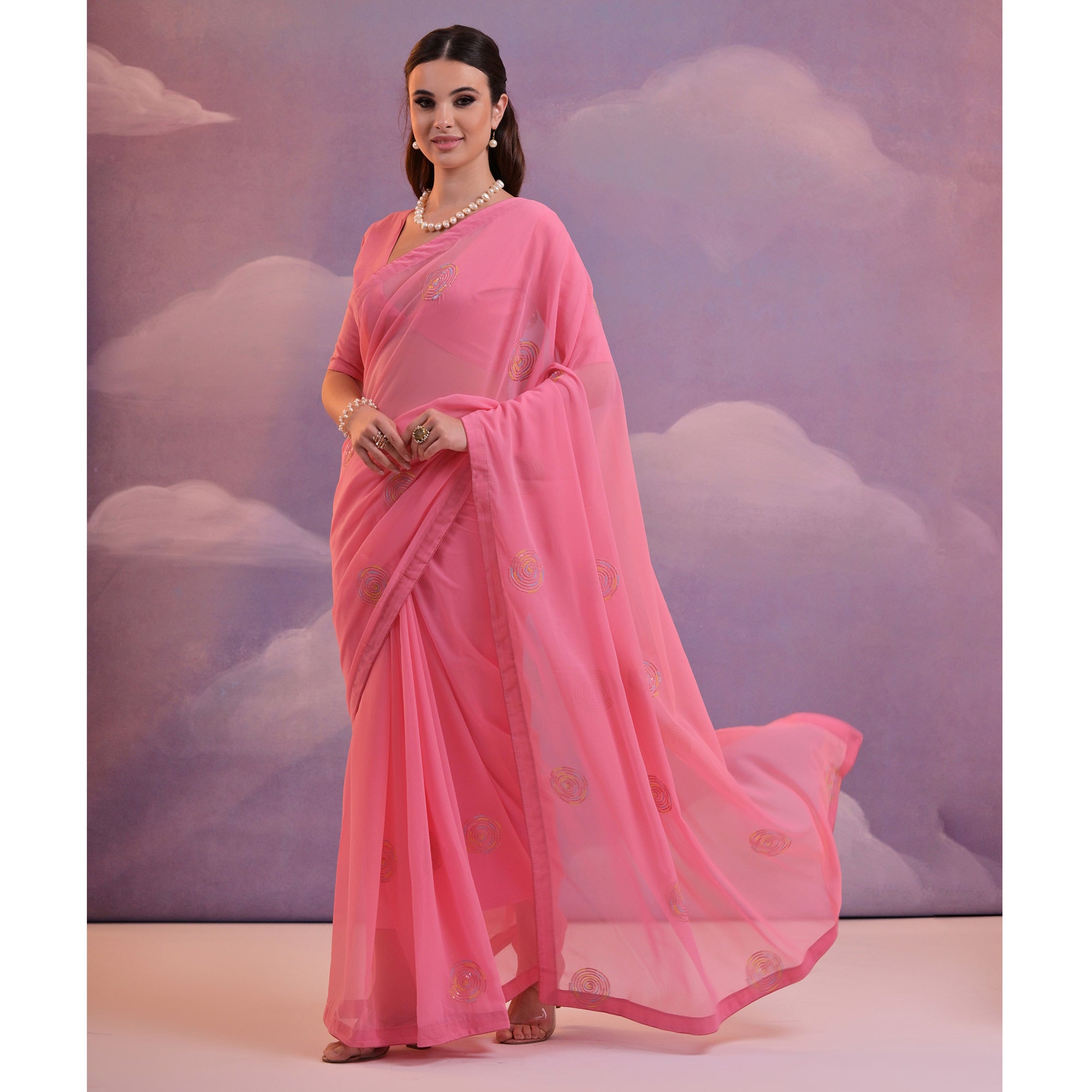 Pink Sequins Embroidered Georgette Saree