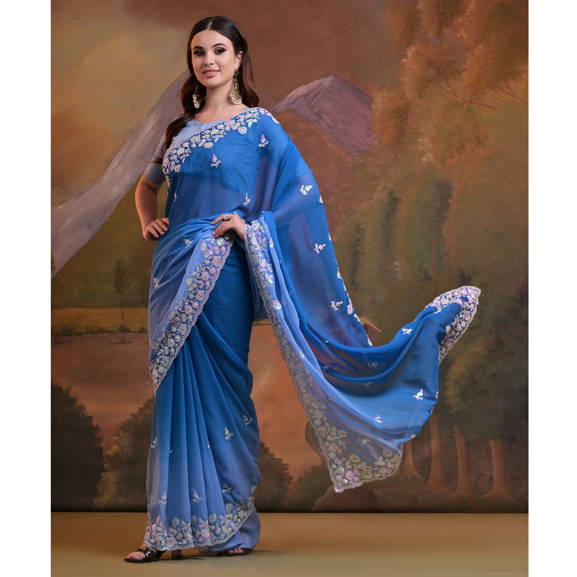 Blue Floral Sequins Embroidered Georgette Saree