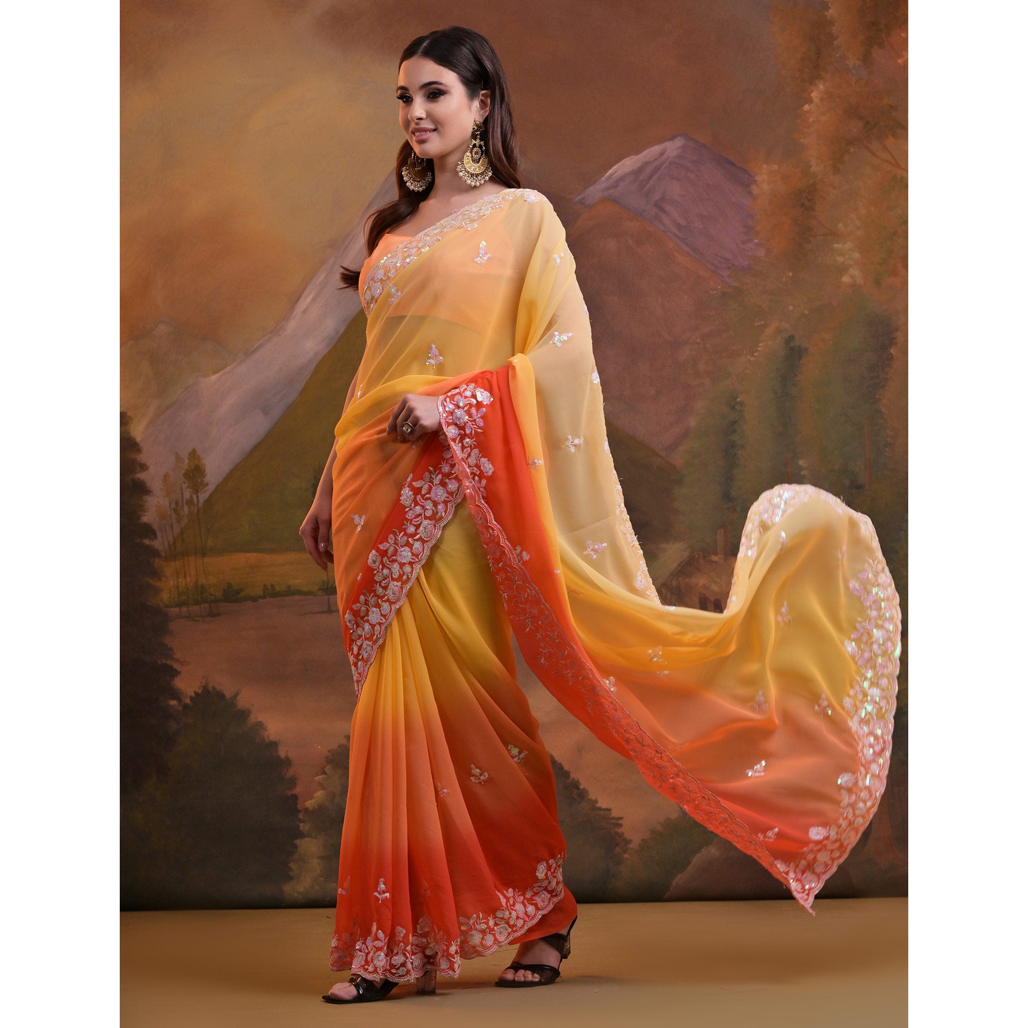 Yellow & Orange Floral Sequins Embroidered Georgette Saree