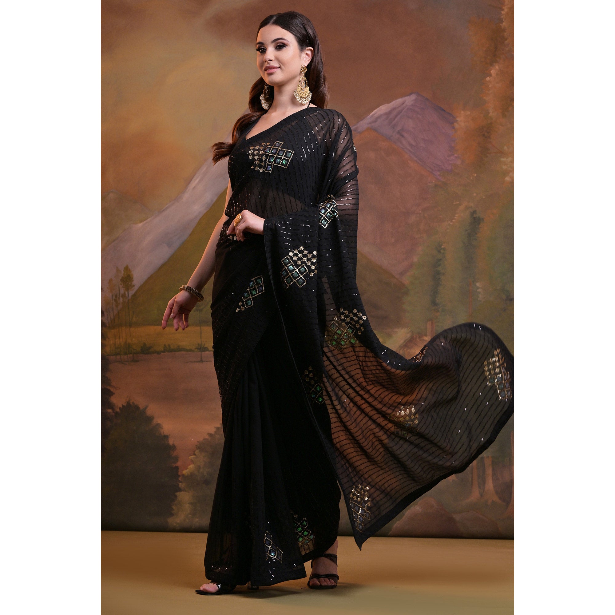 Black Sequins Embroidered Georgette Saree