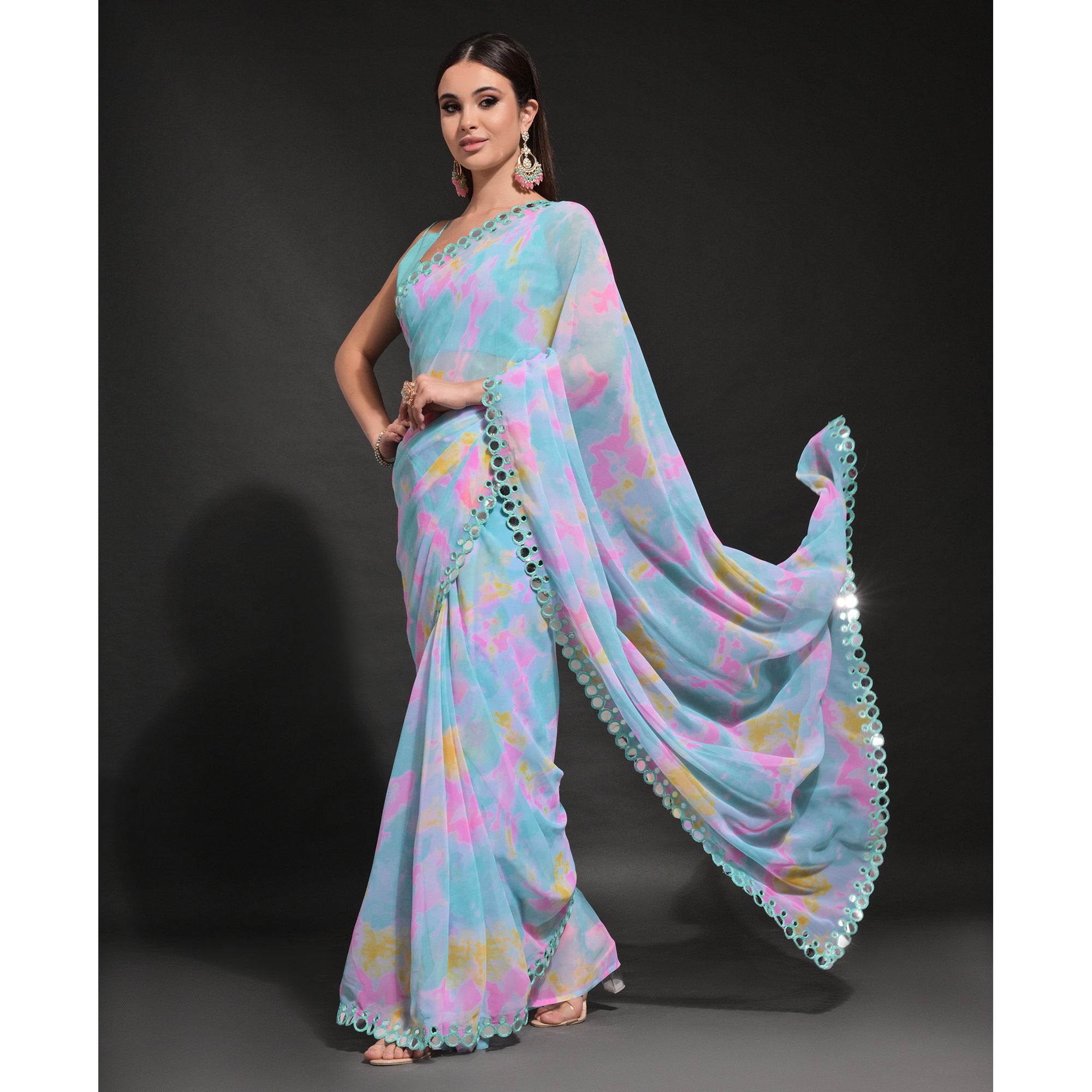 Blue Printed Georgette Saree With Embroidered Lace