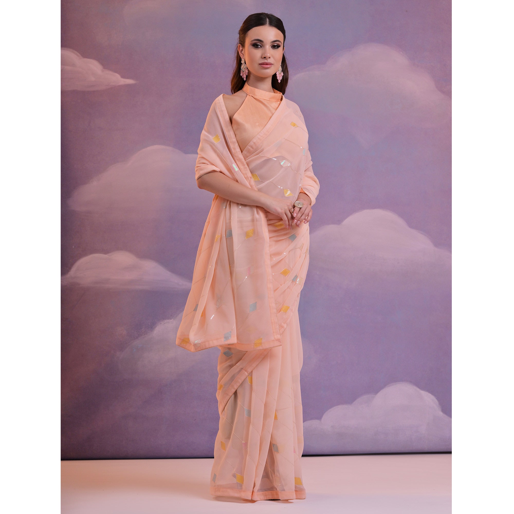 Light Peach Sequins Embroidered Georgette Saree
