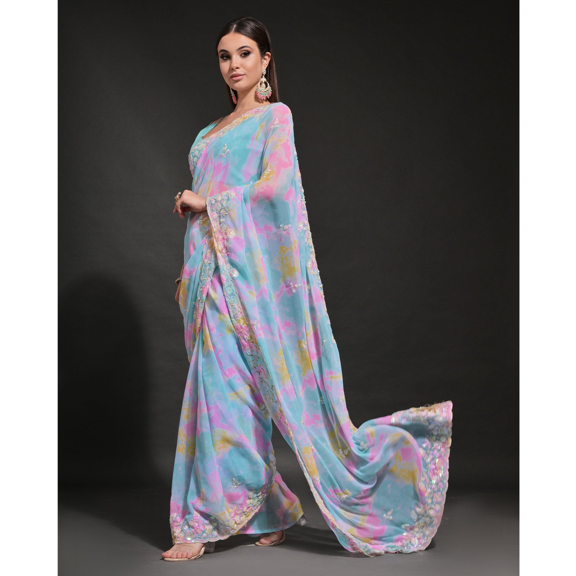 Blue Sequins Embroidered With Printed Georgette Saree