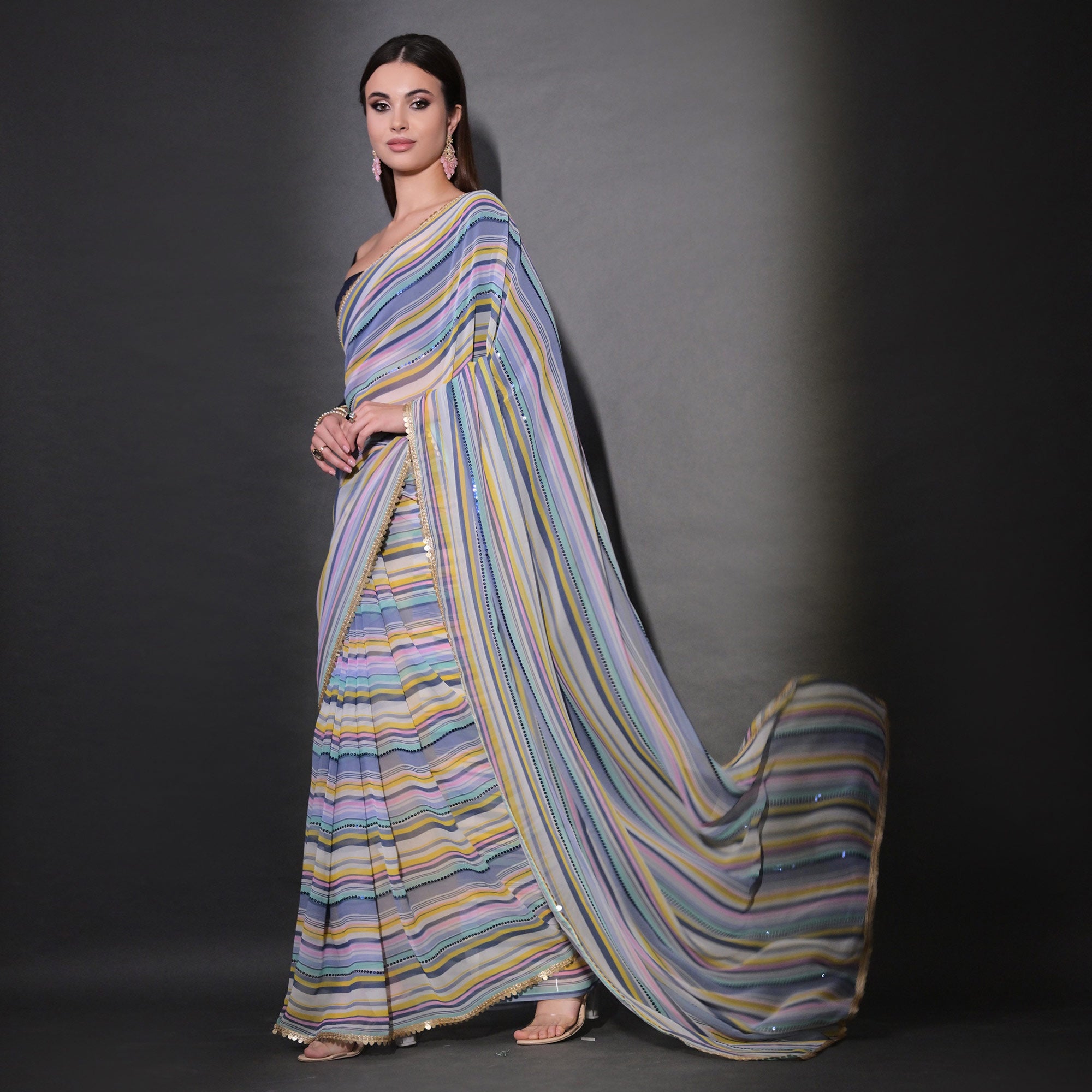 Blue Striped Printed With Sequins Embroidered Georgette Saree
