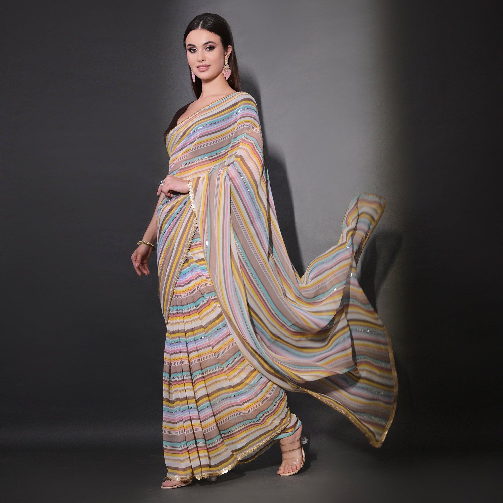 Brown Striped Printed With Sequins Embroidered Georgette Saree