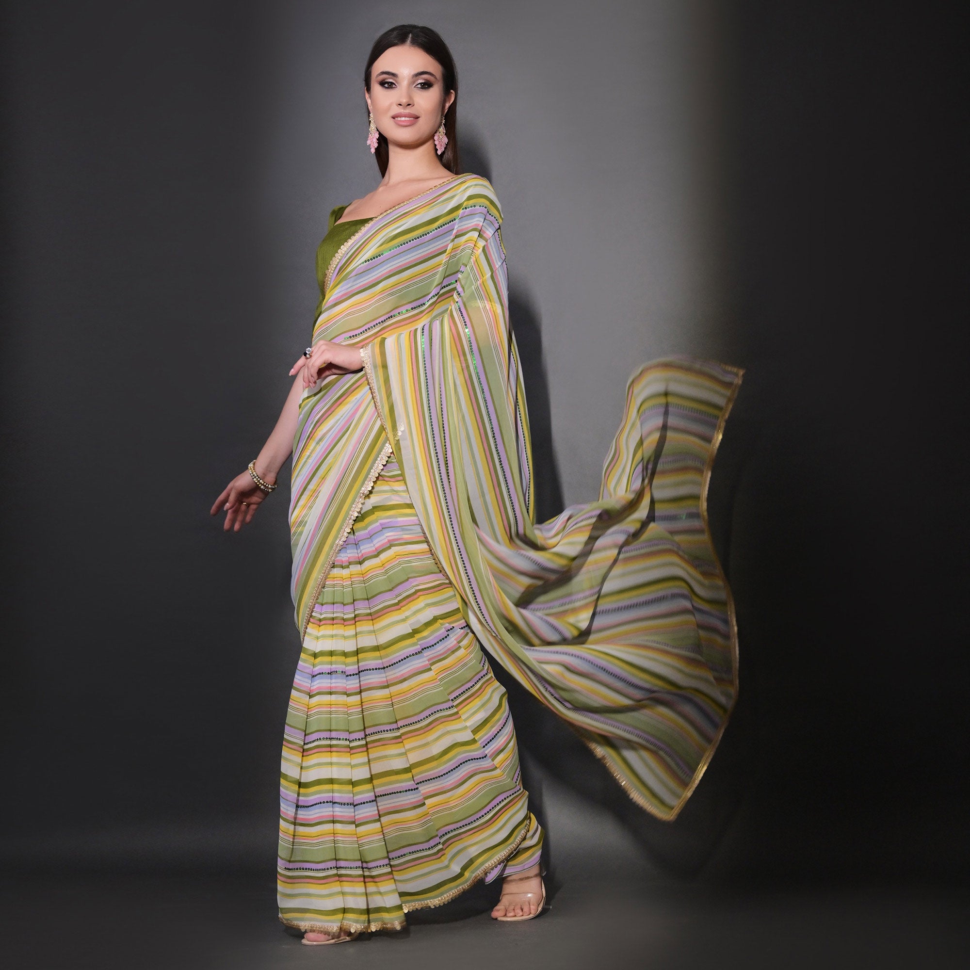 Green Striped Printed With Sequins Embroidered Georgette Saree
