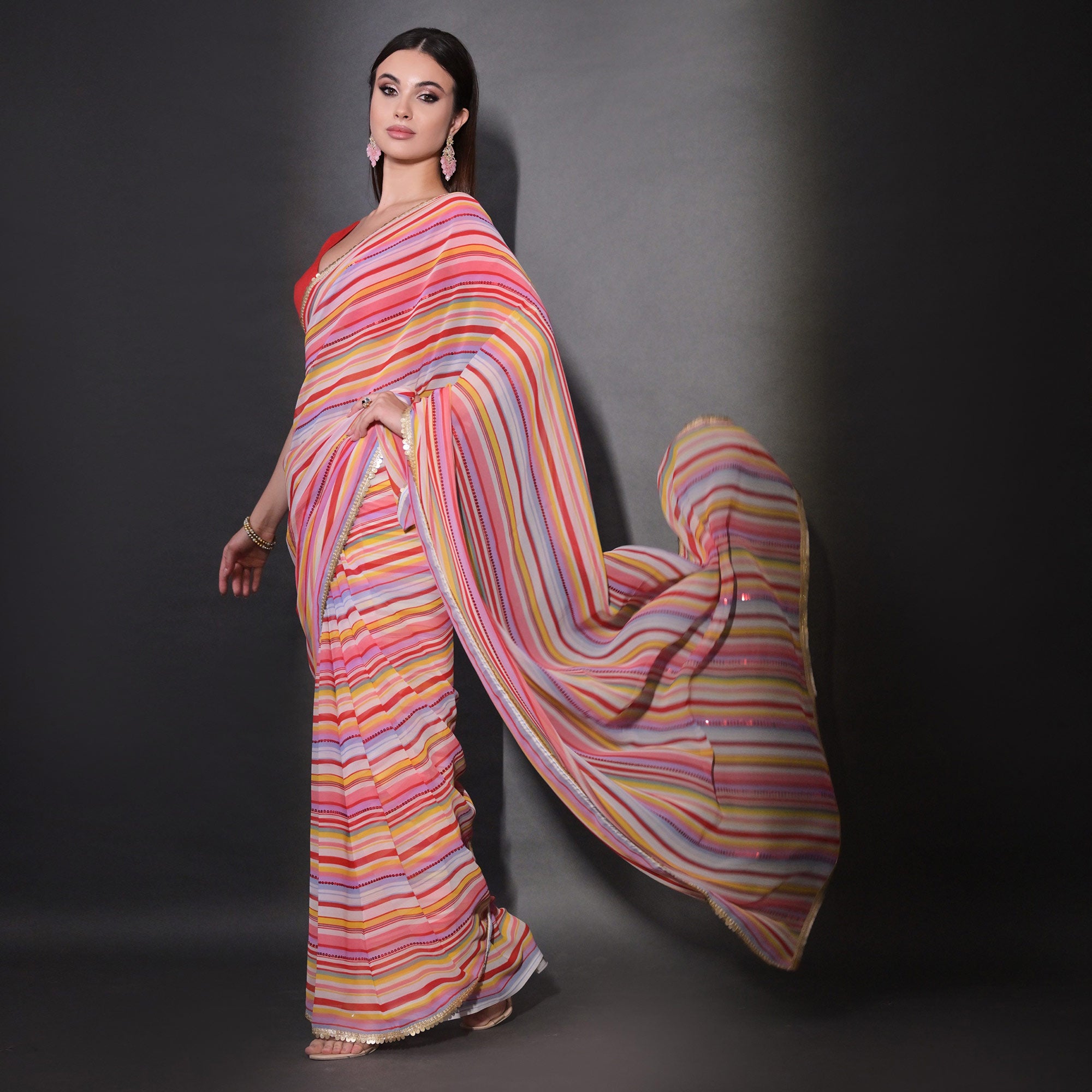 Red Striped Printed With Sequins Embroidered Georgette Saree