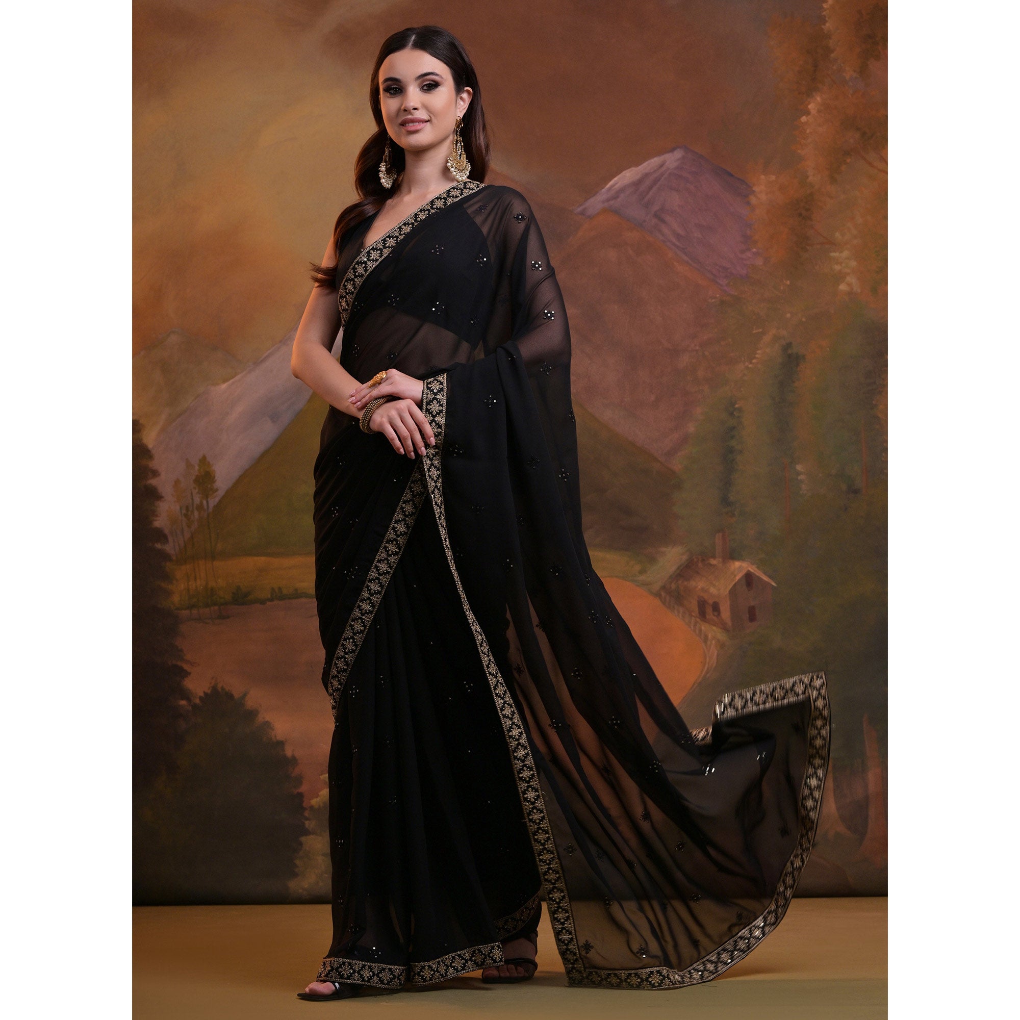 Black Butti Sequins Embroidered Georgette Saree